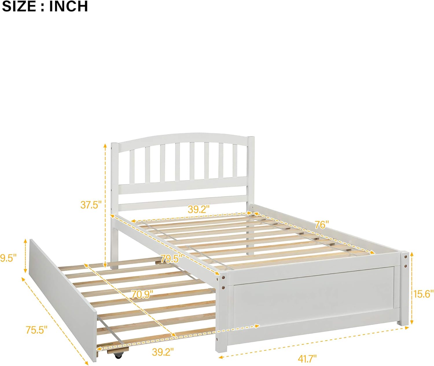Twin Bed Frame, Twin Bed with Trundle, Twin Platform Bed with Pull Out Trundle, Wood Twin Bed Frame with Headboard for Kids Teens Boys Girls Adults, No Box Spring Needed, Easy Assembly, White