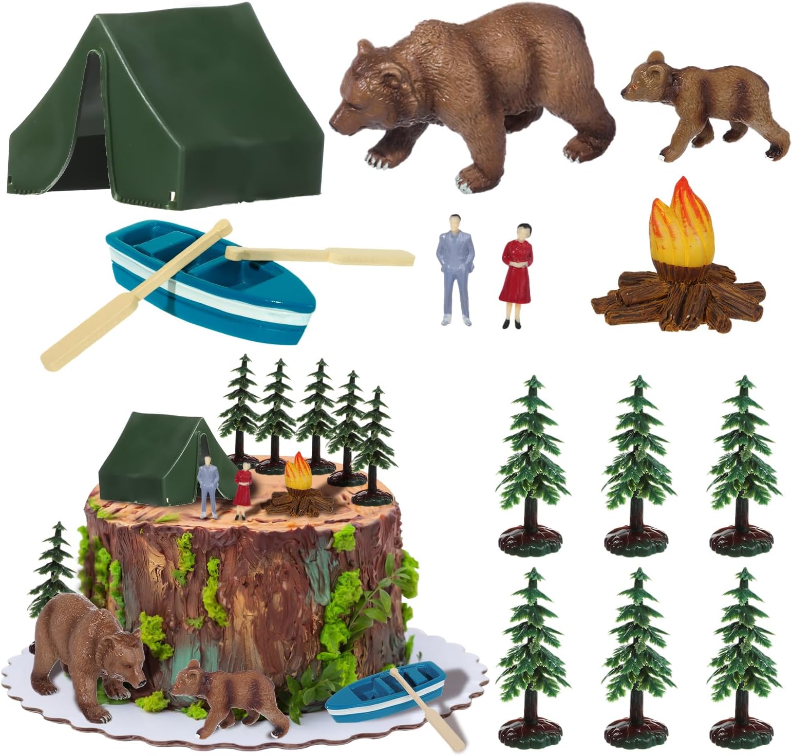 RAYNAG 13 Pieces Camping Cake Topper Camping Party Decoration With Tent Bonfire Tree Bear People Boat Camping Cake Decoration for Kids Adults Camper Forest Woodland Theme Happy Birthday Party Supplies