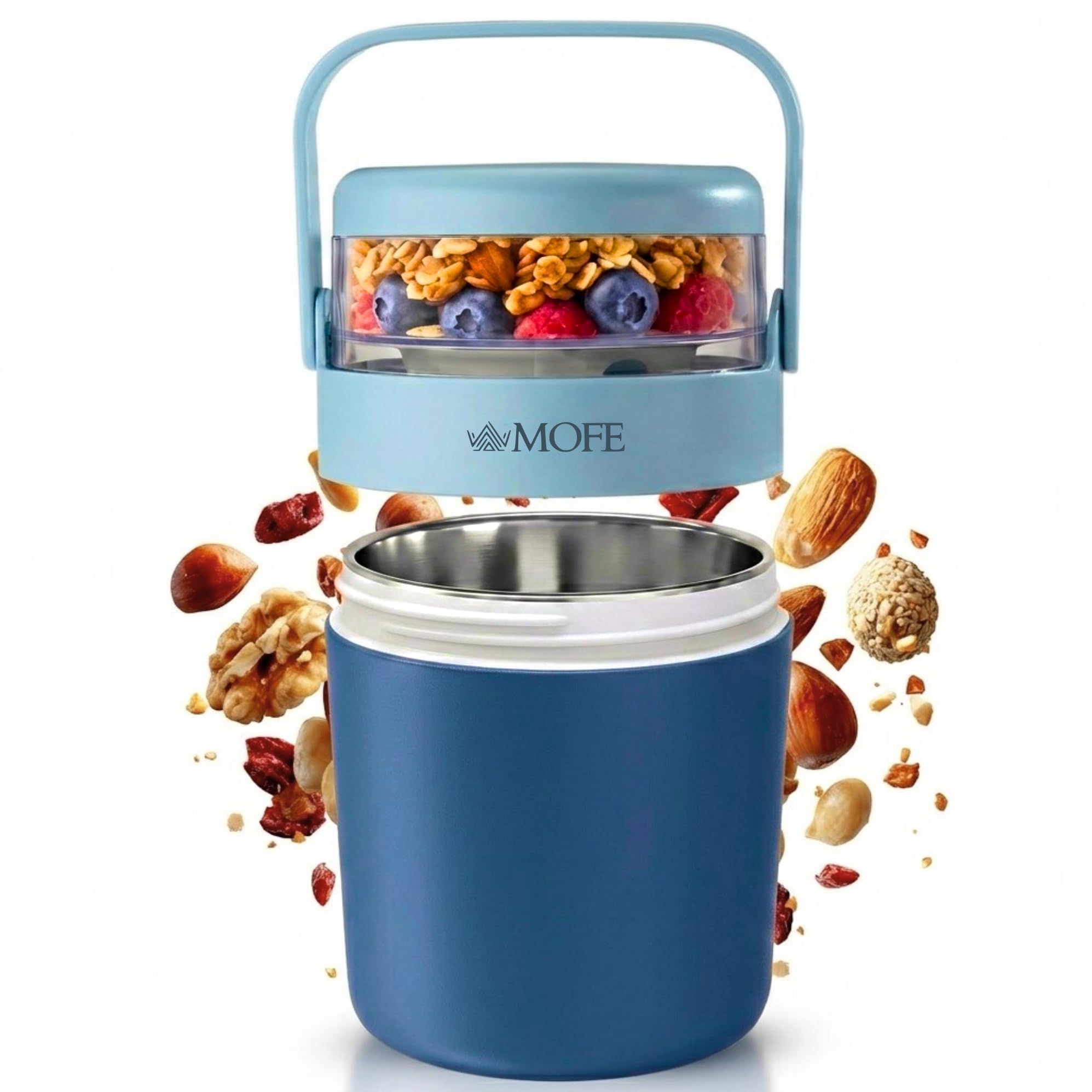 MOFE Müslibecher To Go - Edelstahl Joghurtbecher mit Löffel | 2 Fächer 500 ml + 150 ml. Auslaufsicher & BPA-frei. Isoliert für Porridge, Obst, Snacks & Kinder-Lunchbox