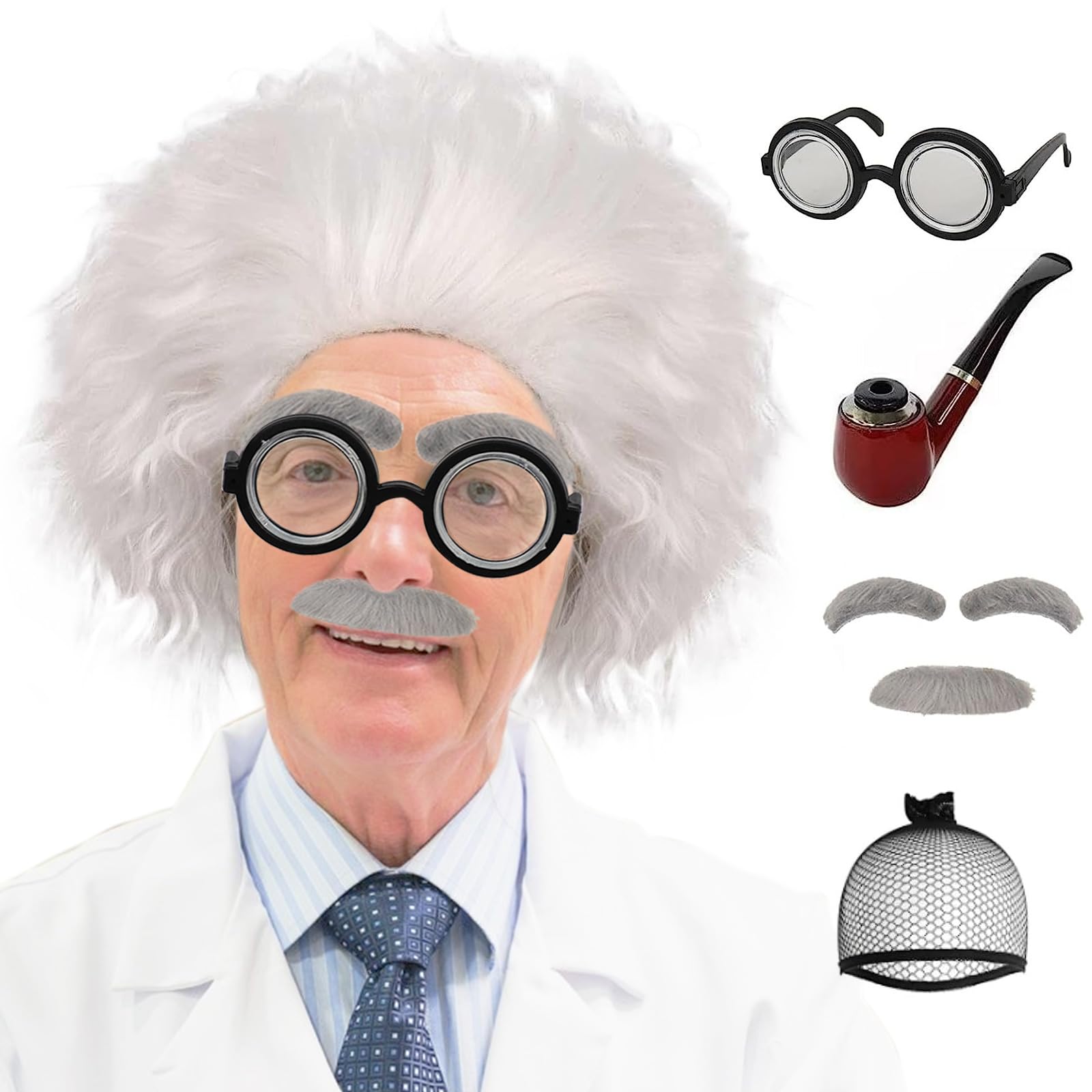 Ebingoo7 Pcs Mad Scientist Wig +Eyebrows+Beard+Glasses+Toy Pipe+Wig Cap Old Men Wig White Costume Wig Crazy Scientist Hair Short White Grandpa Wig Synthetic Hair for Adults Mens Halloween Party