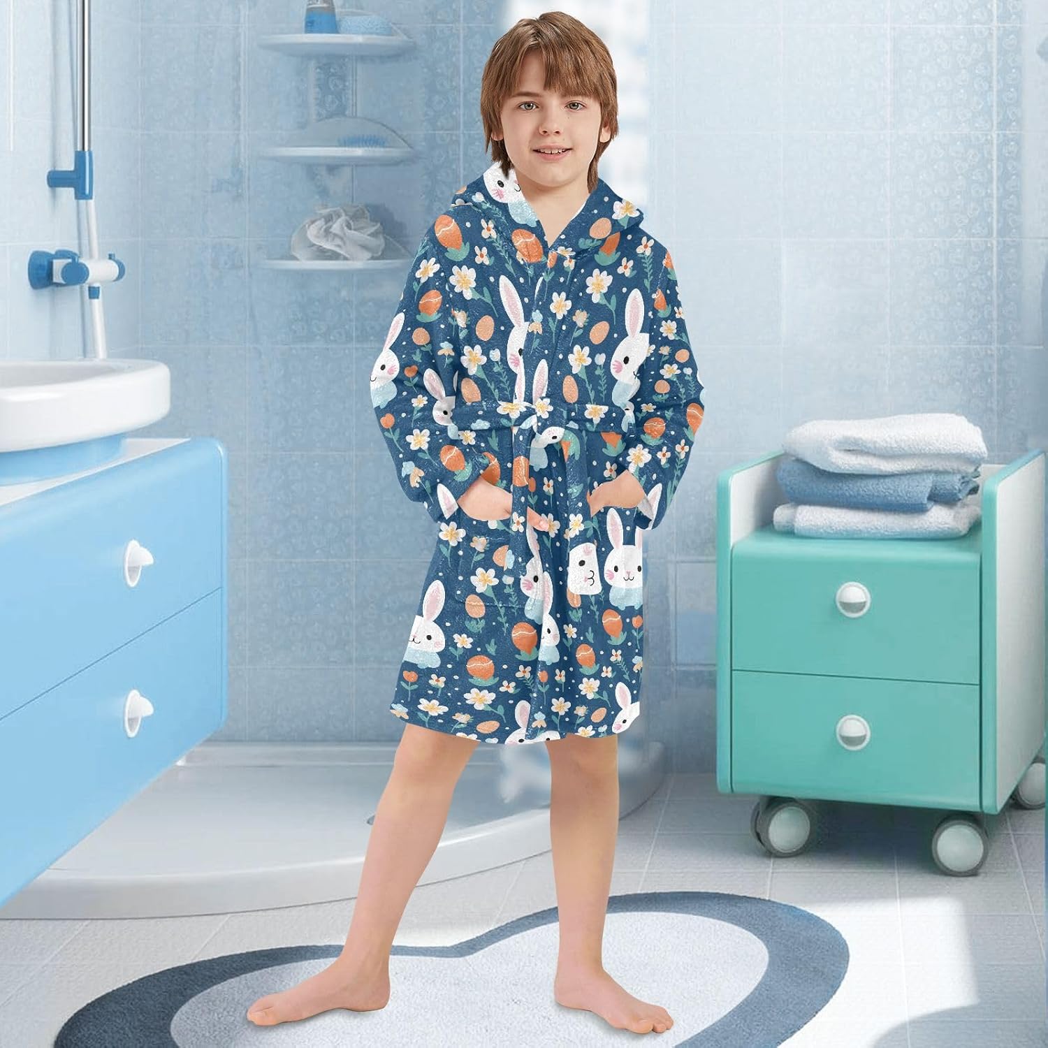 senya Rabbits Toddler Hooded Bathrobe Kids Soft Plush Bath Towel Robes for Boys Girls 2-12 Years