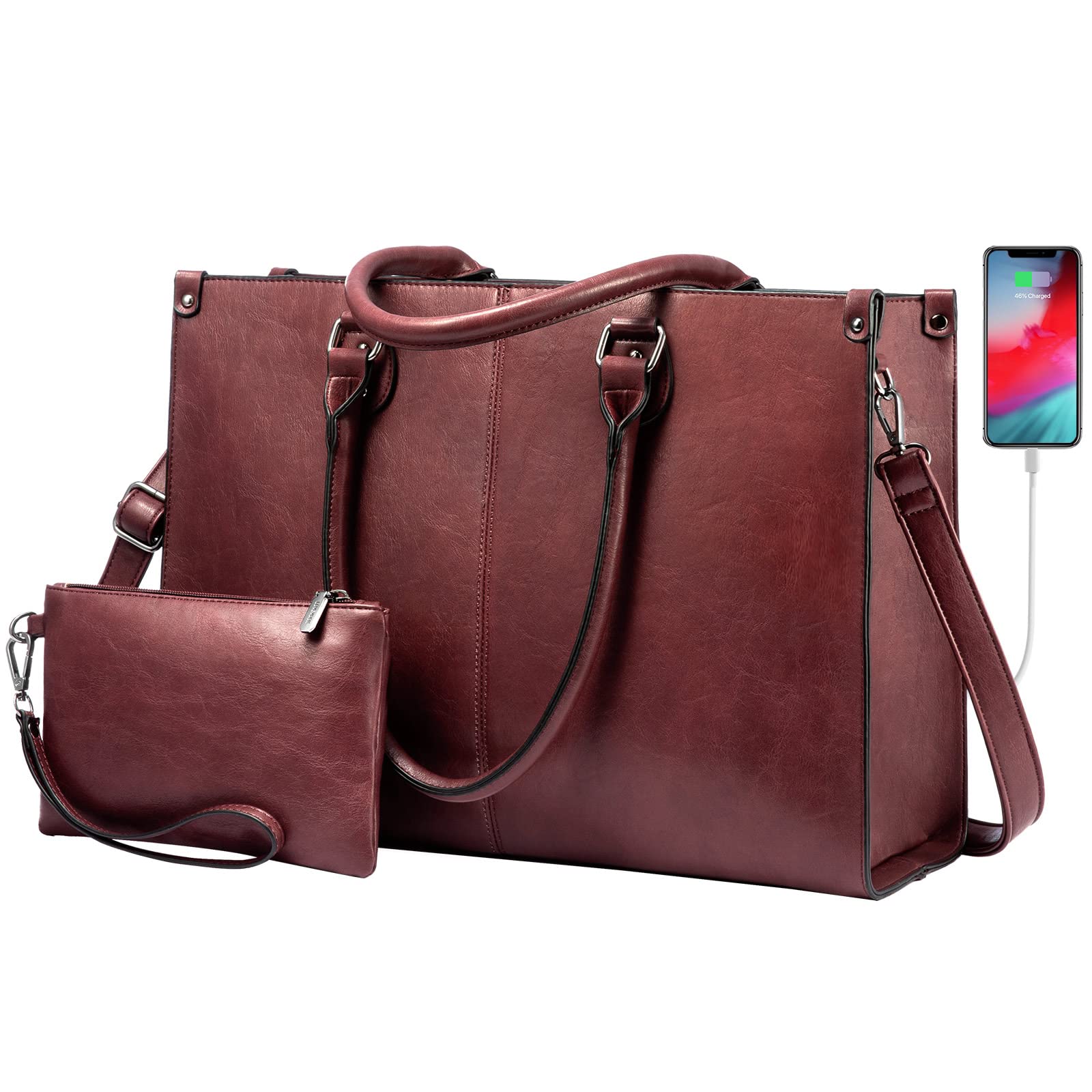 Photo 1 of LOVEVOOK Laptop Bag for Women, 15.6 inch Laptop Tote Work Bags with USB Charging Port, Vintage Leather Computer Bag Wine Red