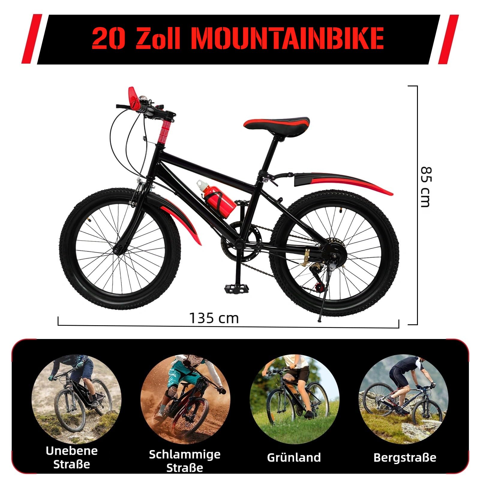 Bicicleta de montaña para niños de 20 pulgadas, para niños y niñas, 7 marchas, con guardabarros, botella de agua, campana de brújula, capacidad de carga de 85 kg, de 8 a 13 años
