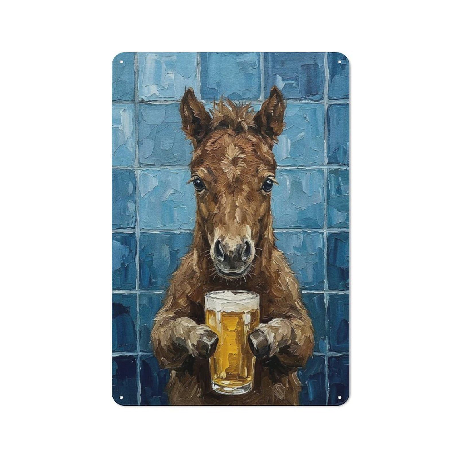 Junmoney Style-11 Industrial Metal Sign With Horse With Beer Painting Design 30X20cm, Modern Retro Loft Wall Plaque For Workspace, Cafe, Hallway Or Garage