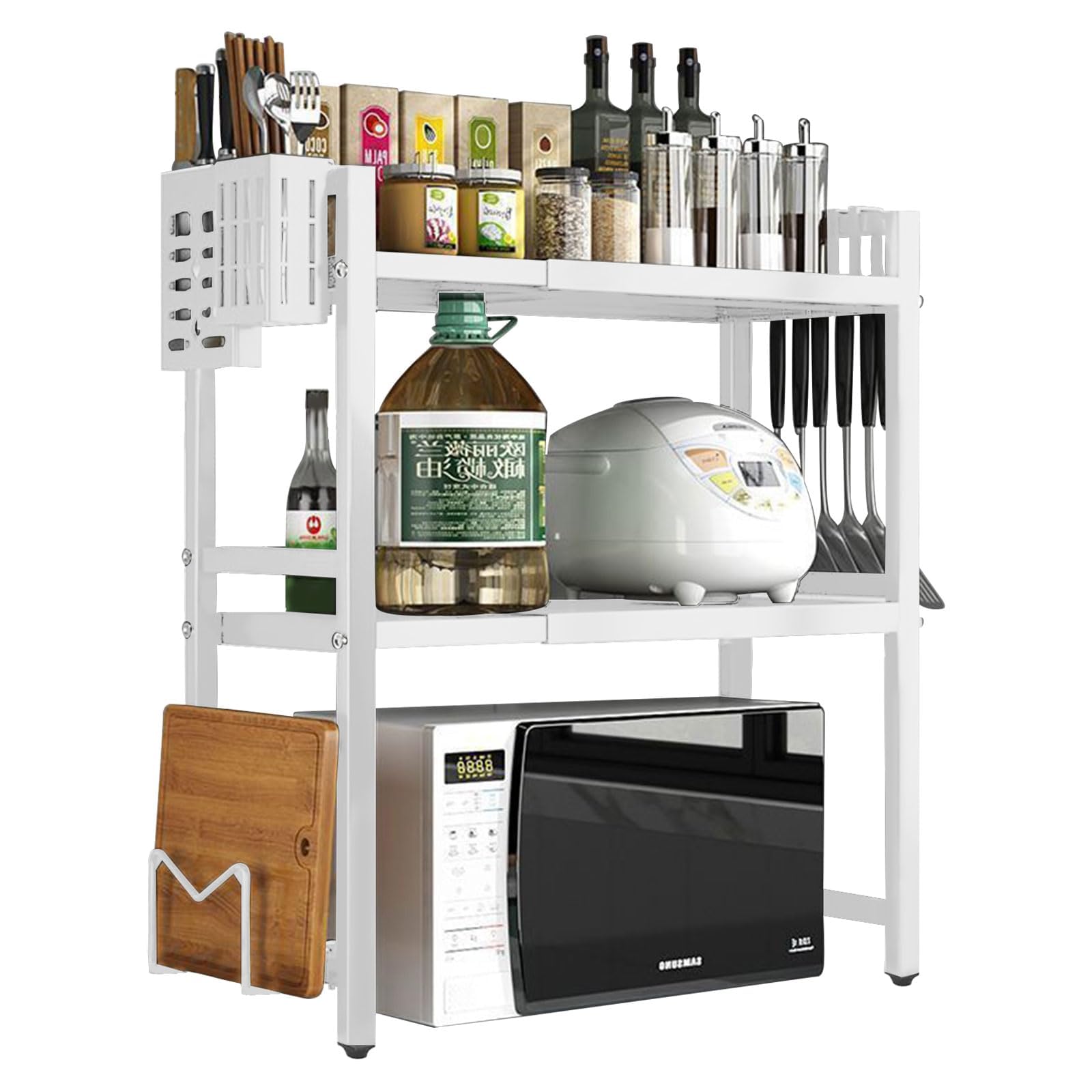 PokeAir Expandable Microwave Shelf - 3 Tier Oven Stand Countertop with 6 Hook, Microwave Stand Kitchen Organiser Storage, Height Width Adjustable Pantry Rack(White
