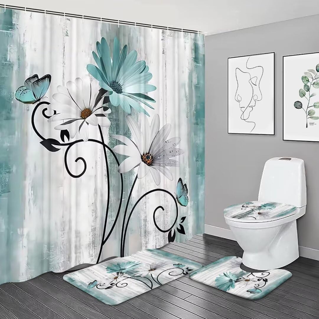 NBVKO 4PCS Cartoon Blue Ocean and Creature Shower Curtain Set with Non-Slip Rugs,Toilet Lid Cover and Bath Mat,Bathroom Decor Accessory Set
