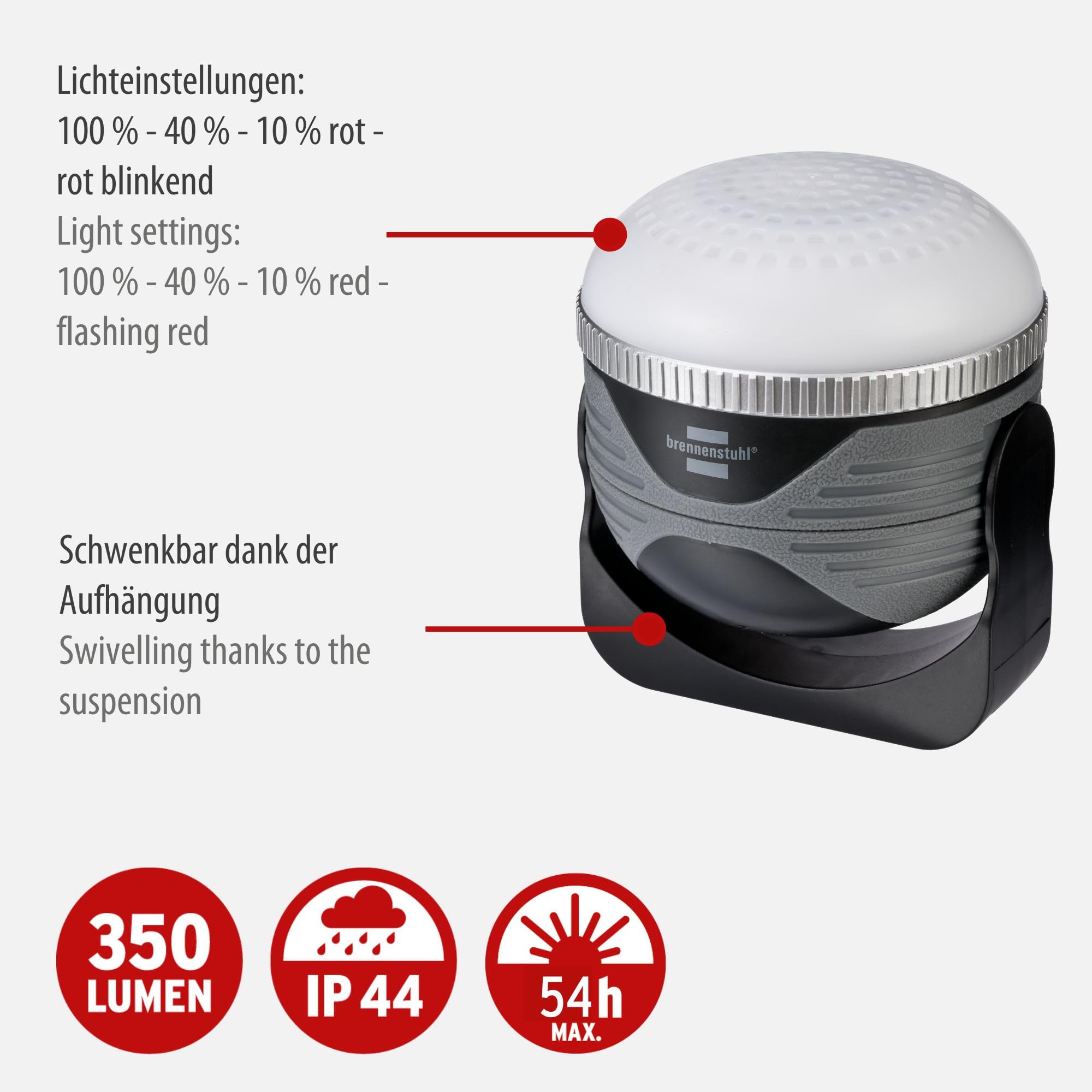 Brennenstuhl Lampe Portable LED Polyvalente Rechargeable OLI 310AB 350 lumen, Avec Haut-Parleur Bluetooth® (Lampe Camping Aimanté, Crochet et Prise-Chargeur USB, Fonction Powerbank (IP44)