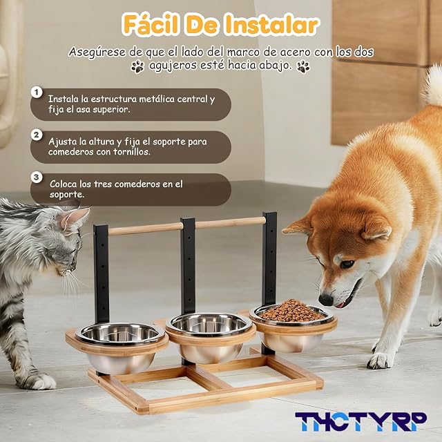 Foto 7 de 8 de THCTYRP Comedero de madera ajustable en altura, 5 niveles, con 3 cuencos de acero inoxidable de 1400 ml