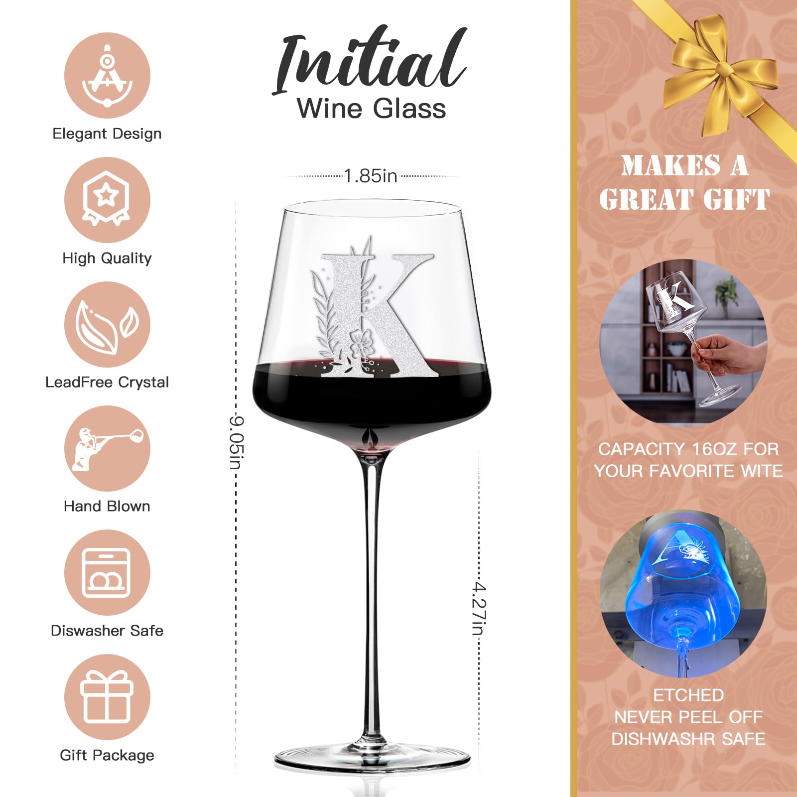 Personalized Wine Glass With Initial - Etched Monogram Glass Gift For Women, Mom, Wife | Dishwasher Safe Custom Wine Glass (Letter A)