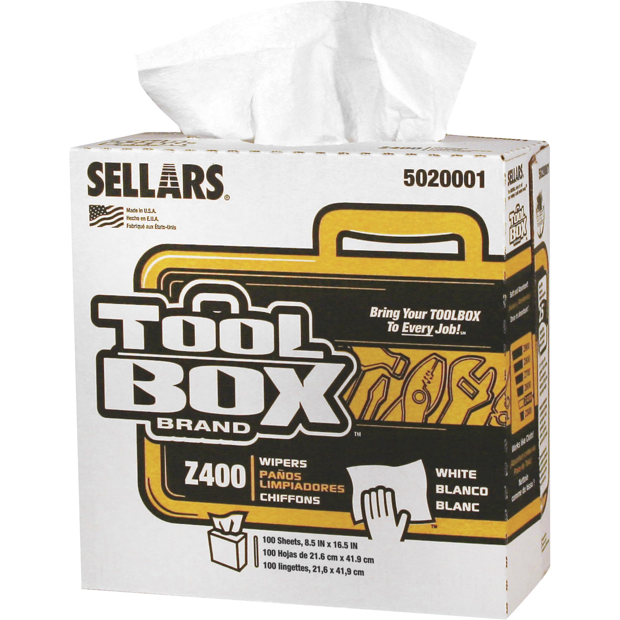 SELLARS WIPERS & SORBENTS 5020001 TOOLBOX Z400 POP UP WIPERS, WHITE, 8.5 IN. X 16.5 IN., 100 SHEETS PER BOX, 8 BOXES PER CASE, 800 SHEETS