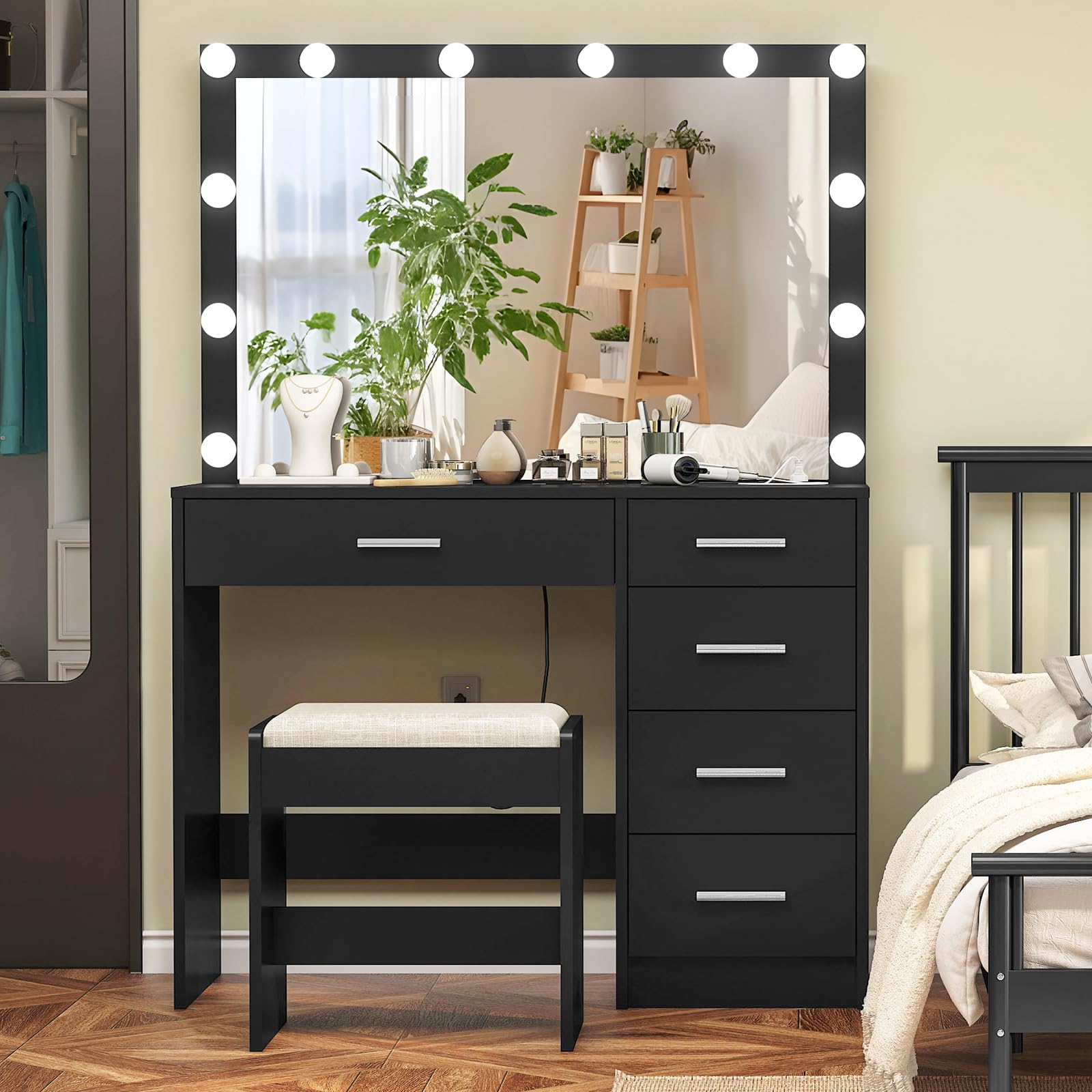 FIONESO Makeup Vanity with Large Mirror, Vanity Desk with Power Outlets & 12 Lights, Makeup Vanity Desk with 5 Drawers & Stool, Dressing Table for Bedroom, Woman, Black