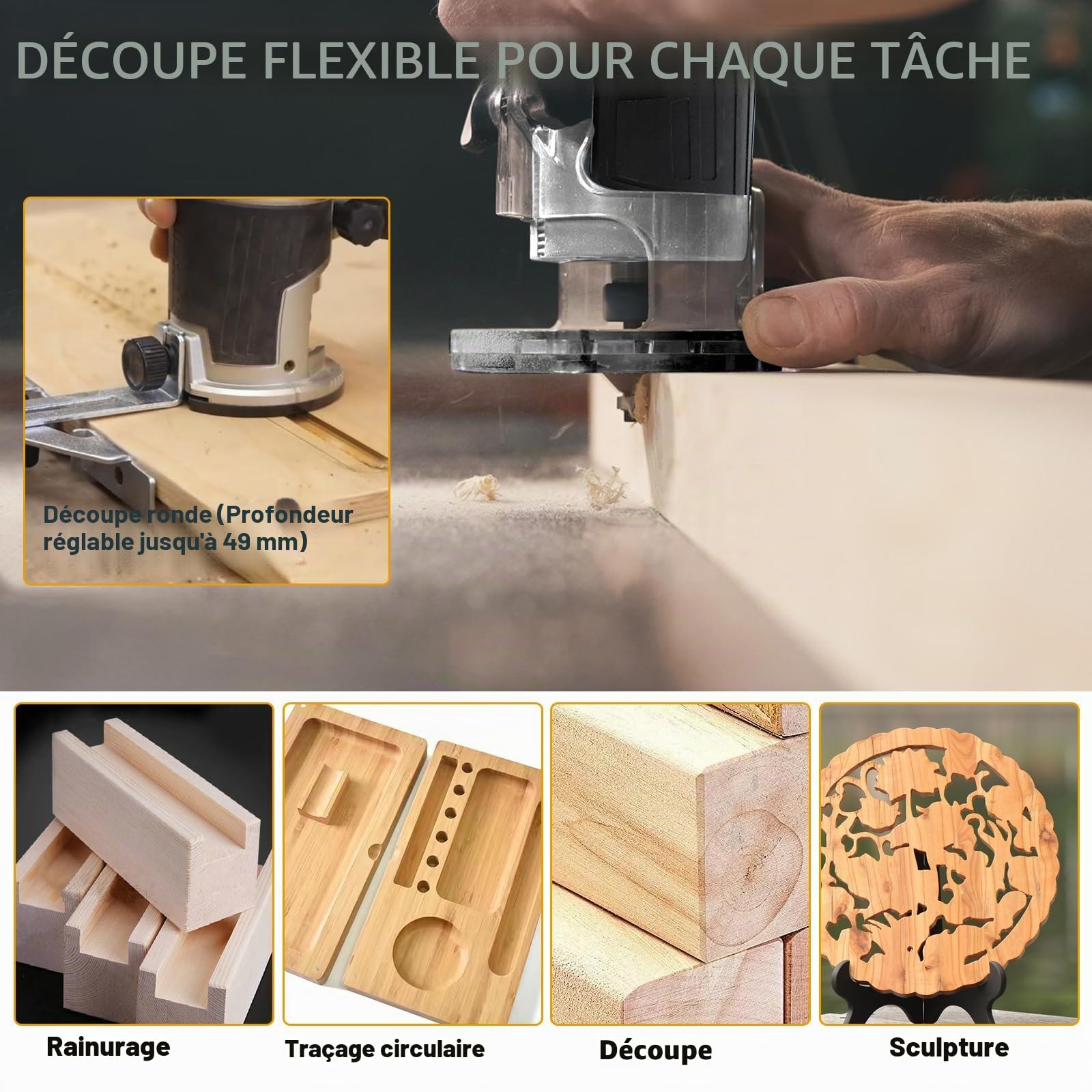Routeur électrique sans fil compatible avec batterie Makita 18 V/20 V, coupe-bordure sans balais avec 6 vitesses, 800 W 30 000 tr/min, avec fraises de découpe, guide de bord et rouleau (bleu pour
