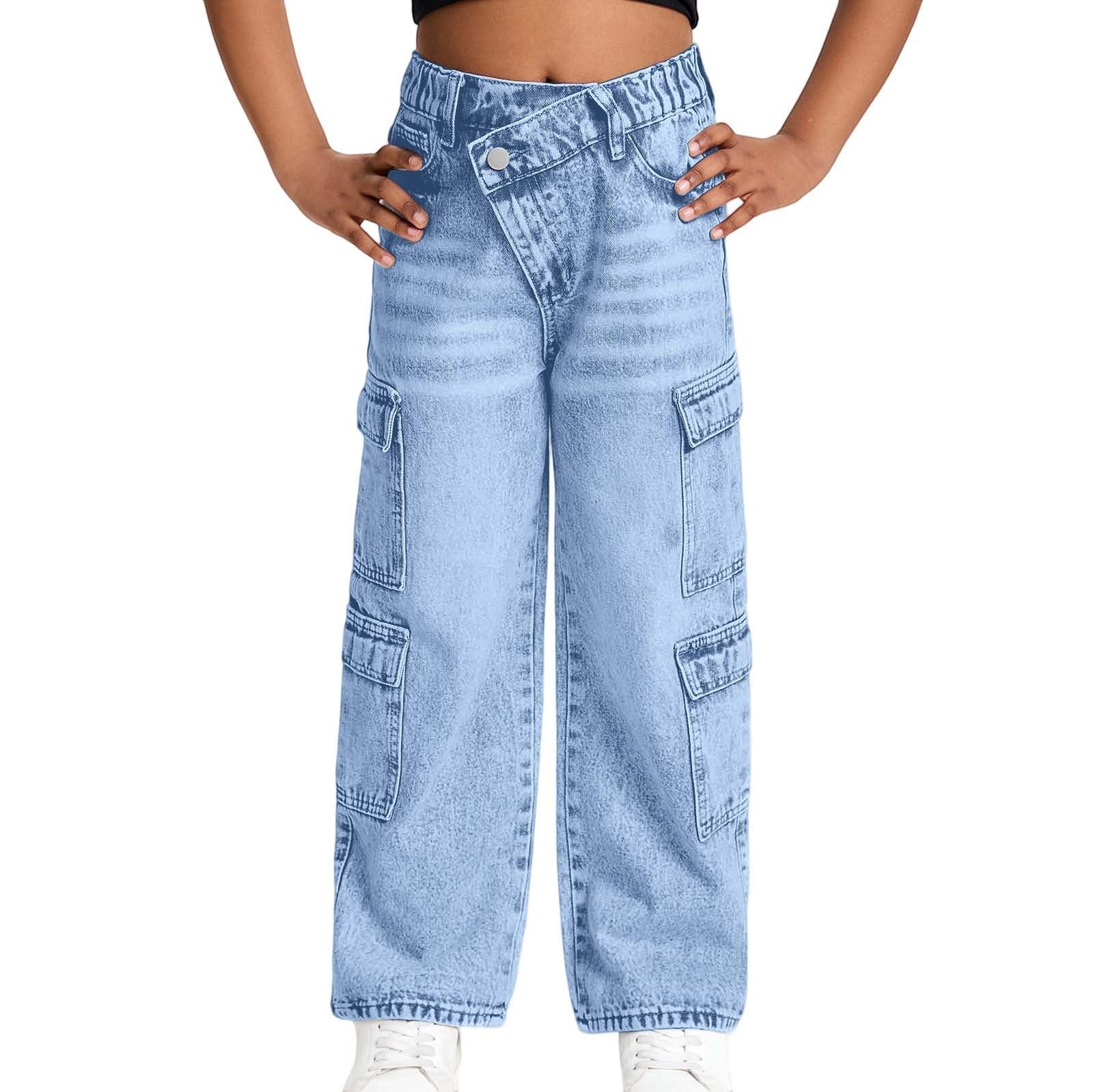 Jeans Larghi per Ragazze - Jeans Cargo per Ragazze Pantaloni in Denim Lavato Effetto Consumato con Tasche Multiple Pantaloni Estivi Comodi e Larghi per Bambine dai 6 ai 13 Anni