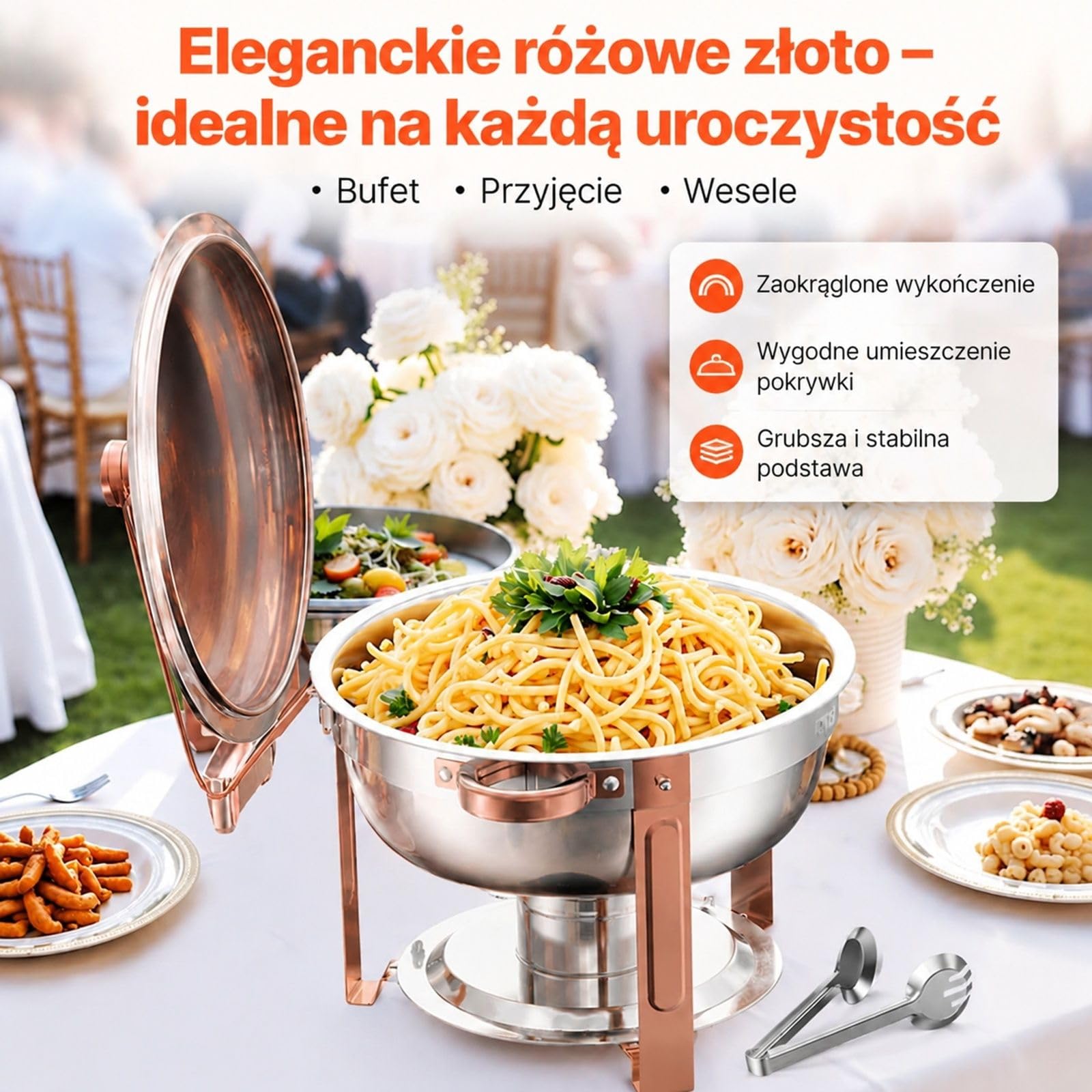 Zestaw naczyń do podgrzewania, 4 szt, 4,7 l, okrągła stal nierdzewna, różowe złoto, do bufetu i cateringu