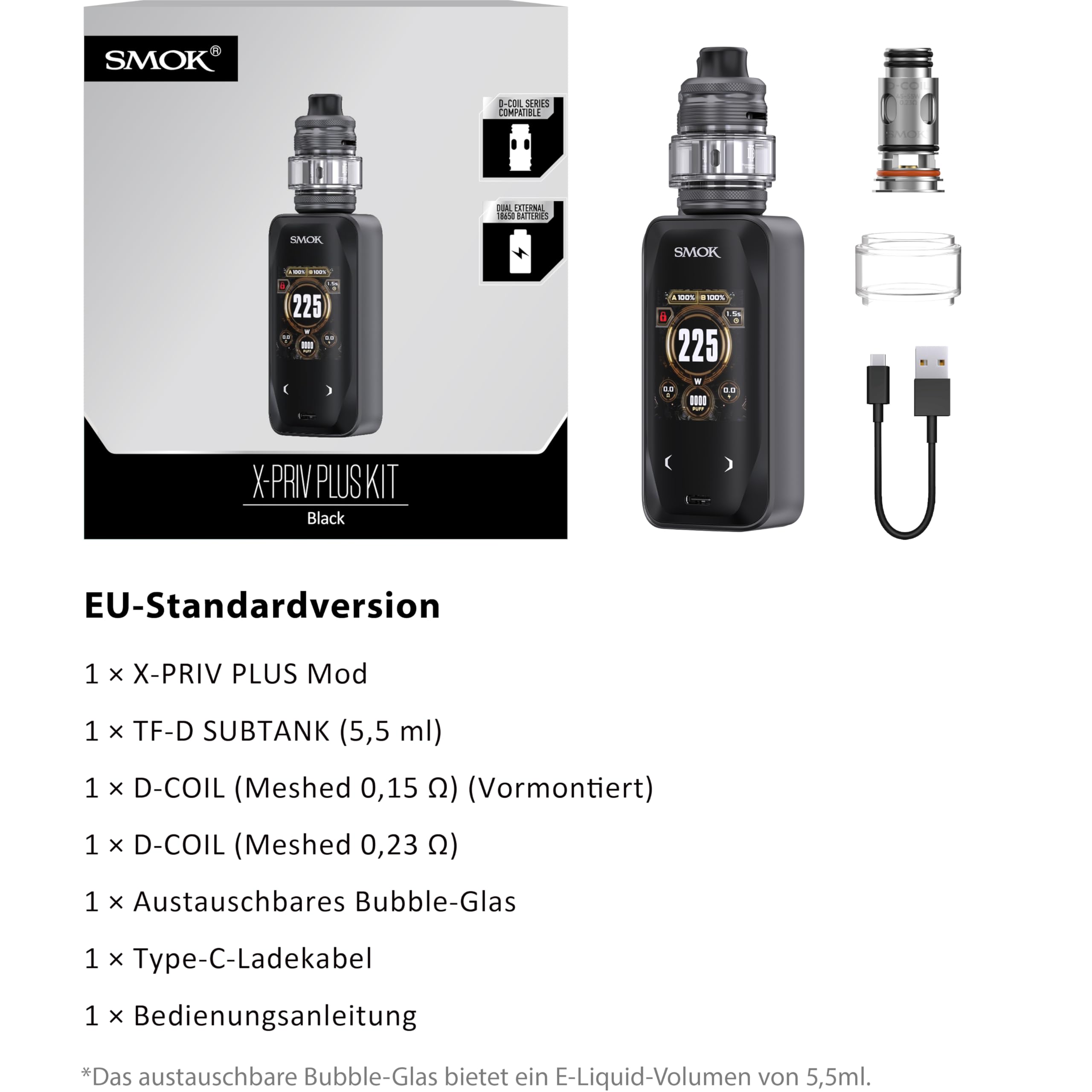 SMOK X-Priv Plus Mod Kit 225W TF-D Tank 5,5 ml 2x18650 ohne Akkus Schwarz