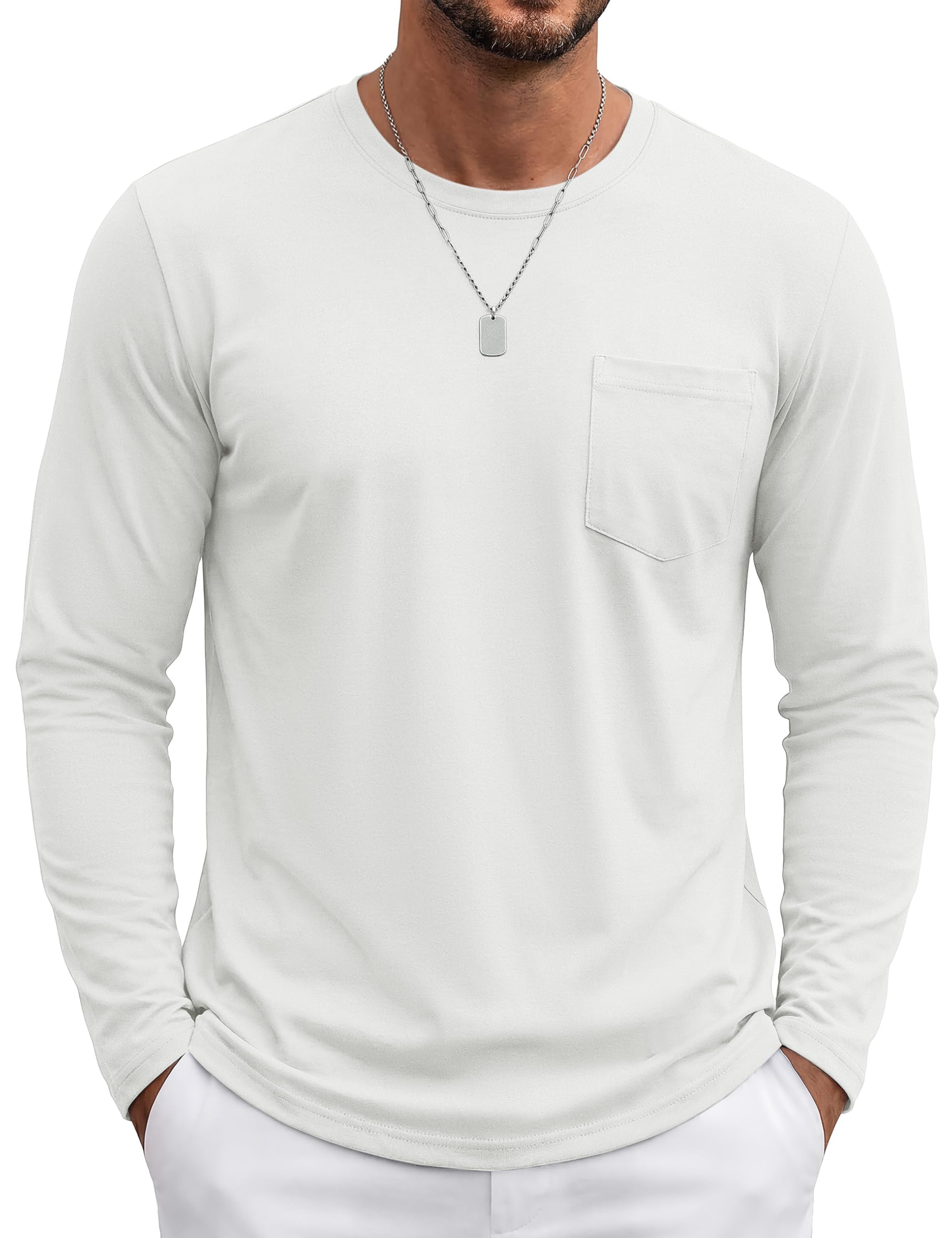 TACVASEN Herren Baumwolle Tshirt Rundhals Langarmshirt Einfarbige Work Sweatshirt Atmungsaktiv T Shirts Mit Brusttasche