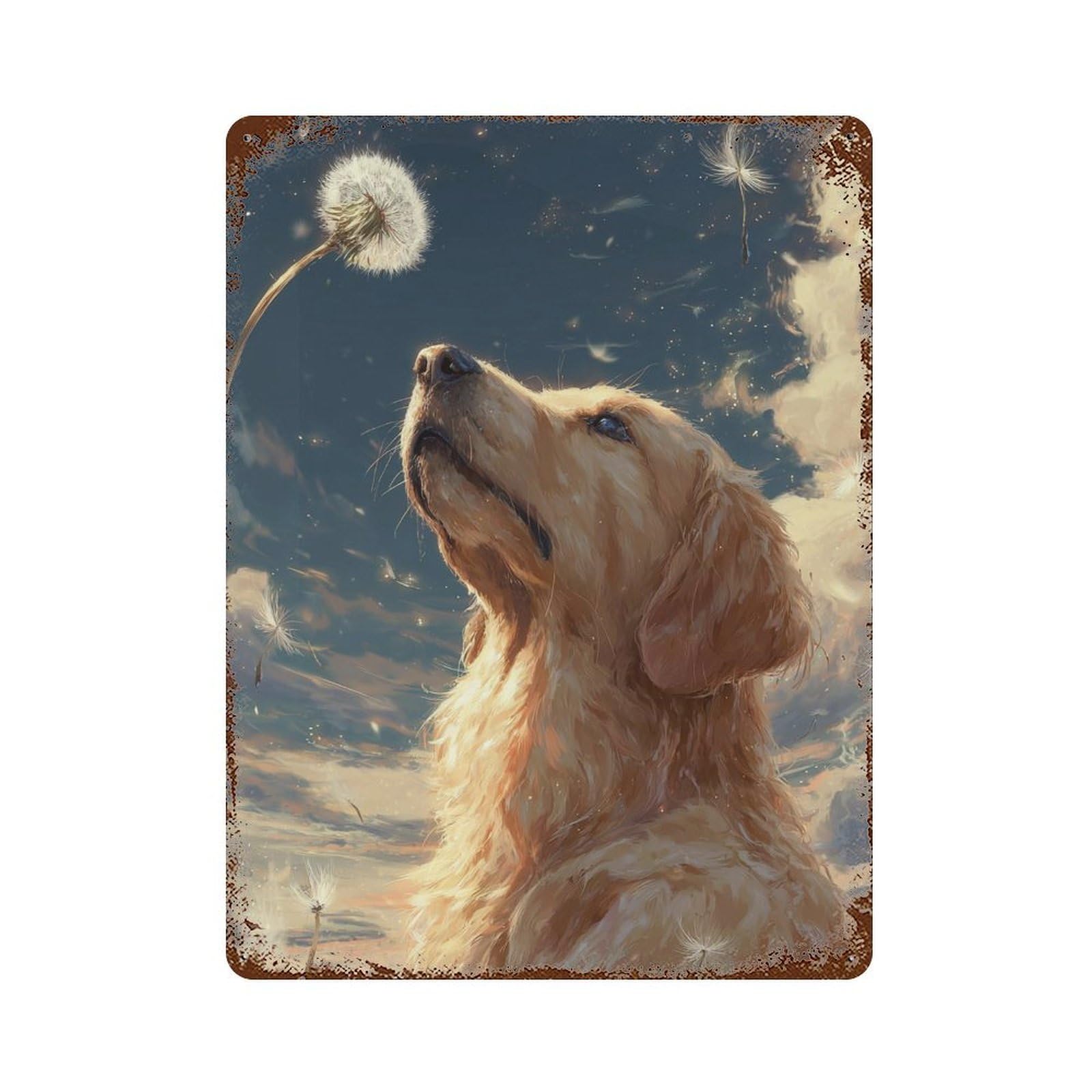 Golden Retriever with Dandelion Rustic Tin Plaque 15.7"x11.8", Classic Wall Plaque for Garage, Pub Or Kitchen