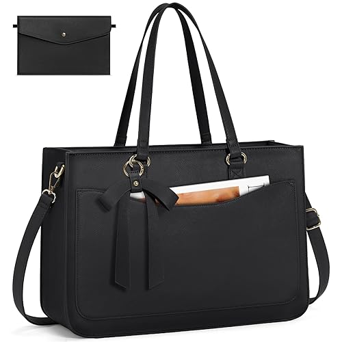 RAINSMORE Laptop Bag for Women 15.6 Inch Work Tote Bags Leather Laptop Tote Waterproof Computer Bag Professional Office Business Briefcase Large Handbag for College Teacher Travel, Black - Black