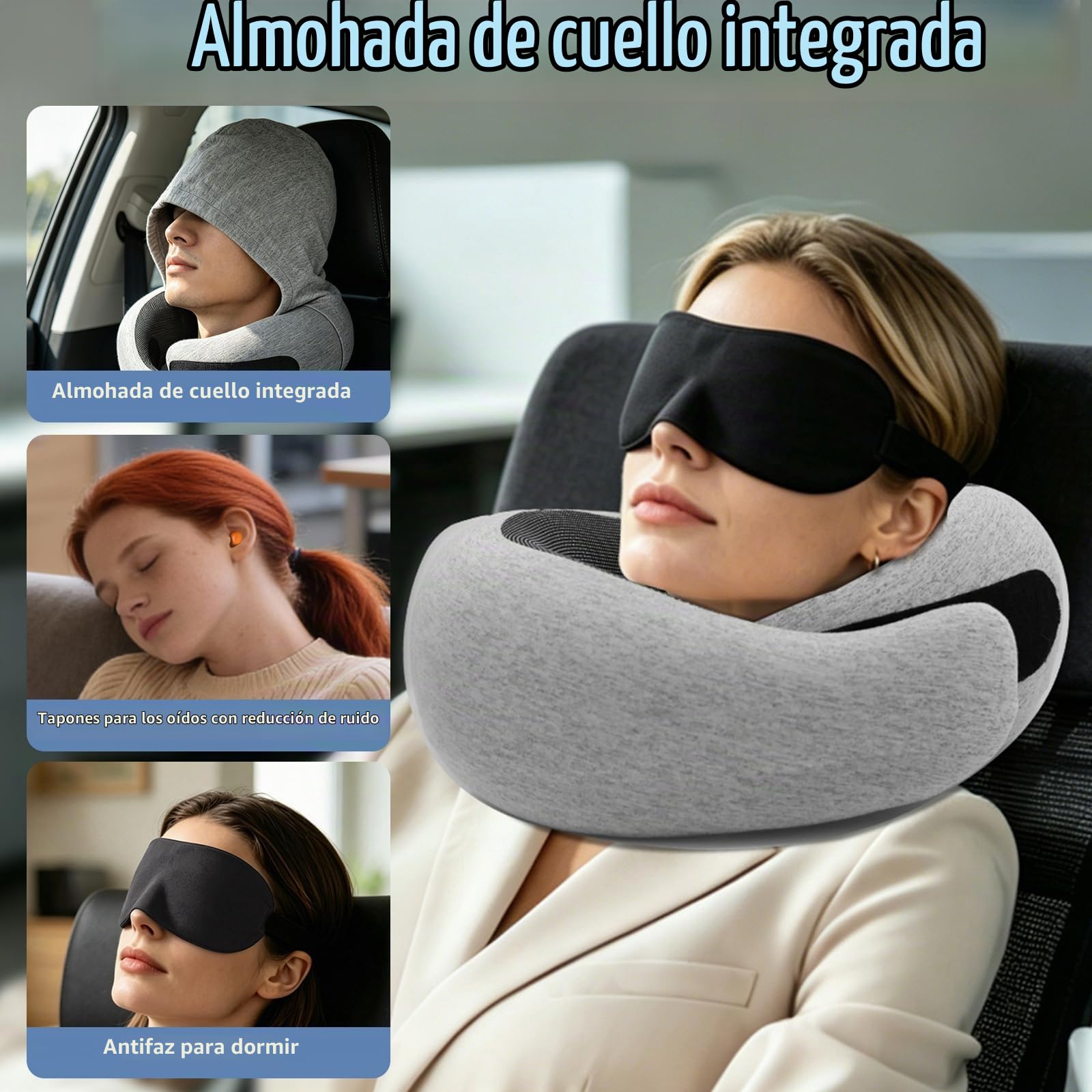 Cojín De Viaje Compactable con Capucha Cortaviento, Soporte 360° Integral | Funda Desmontable, Espuma Viscoelástica, Ajustable Velcro, Tela Transpirable, Set Completo Con Bolsa De Almacenamiento