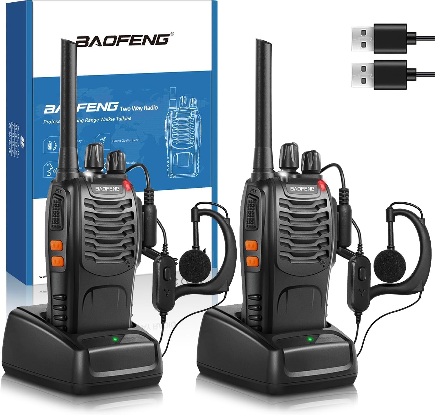 Walkie Talkie,Two Way Radio 16 Channels Long Range Walkie Talkies with USB Charger and Earpieces, Rechargeable walkie talkies for Children play and adults work. (Black, 1 Pair)