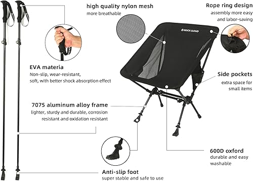 Miniatura 4 de ROCK CLOUD Silla de camping portátil, sillas plegables ultraligeras y poste de senderismo 2 en 1 para campamento al aire libre, senderismo,