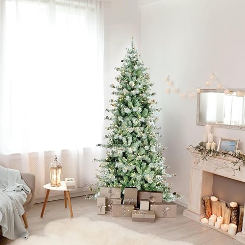 Miniatura 75 de Fraser Hill Farm Árbol de Navidad artificial flocado de abeto búfalo de 6.5 pies con doble luces LED multicolor y blanco cálido y soporte, árbol LED