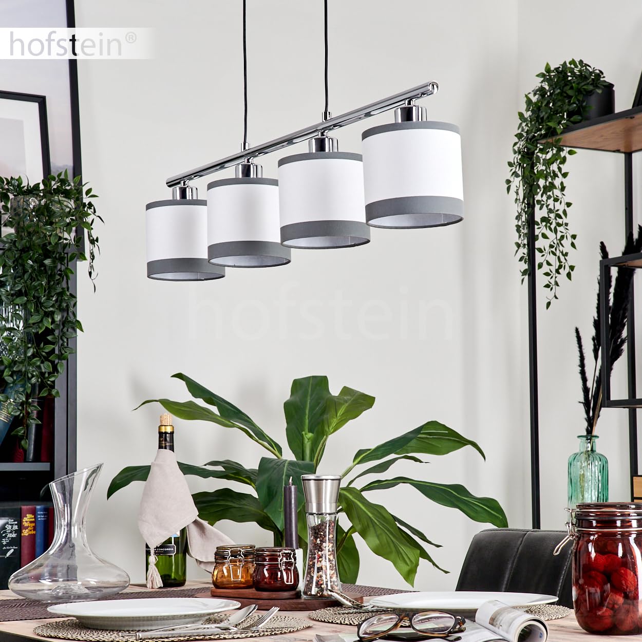 Lámpara colgante Lohobe, de metal/tejido en cromo/blanco/gris, lámpara colgante de diseño moderno con pantallas de tejido (Ø 12 cm), altura máx. 150 cm, longitud 73 cm, 4 x E14, sin bombillas,