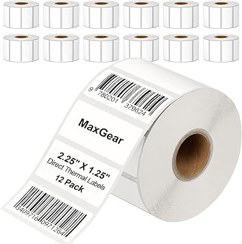 MaxGear 2.25" X 1.25" Direct Thermal Labels, Perforated Blank Shipping Label Rolls for UPC & FBA, Premium Permanent Adhesive Stickers, Compatible with Rollo & Zebra 12 Rolls, 1000 Pcs/Roll