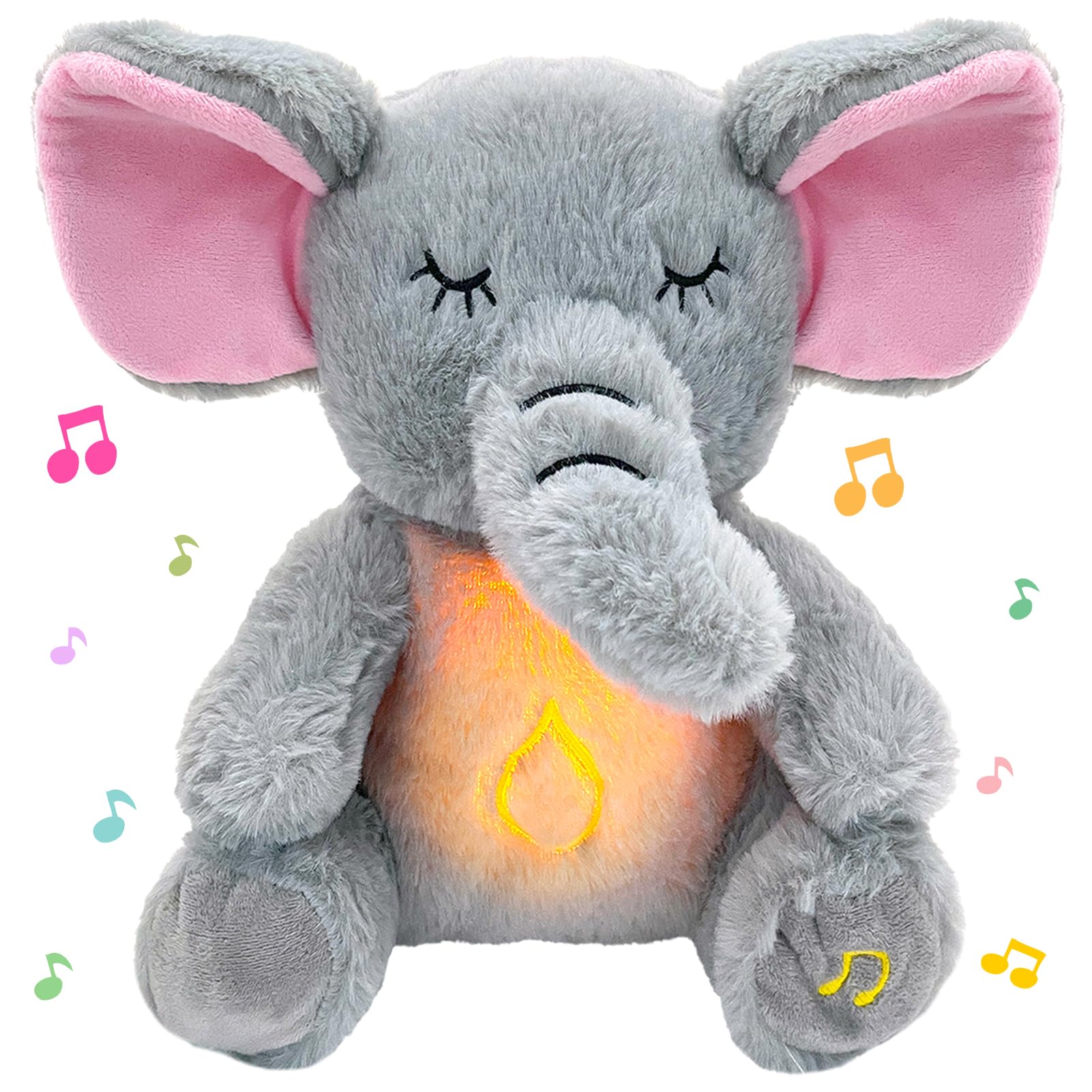 TOPJOWGA Caja Musical de Peluche, Elefante Juguete para Bebé, Peluche para Dormir, con Respiración, Luces y Sonidos Relajantes, Relajantes para Niños y Bebés