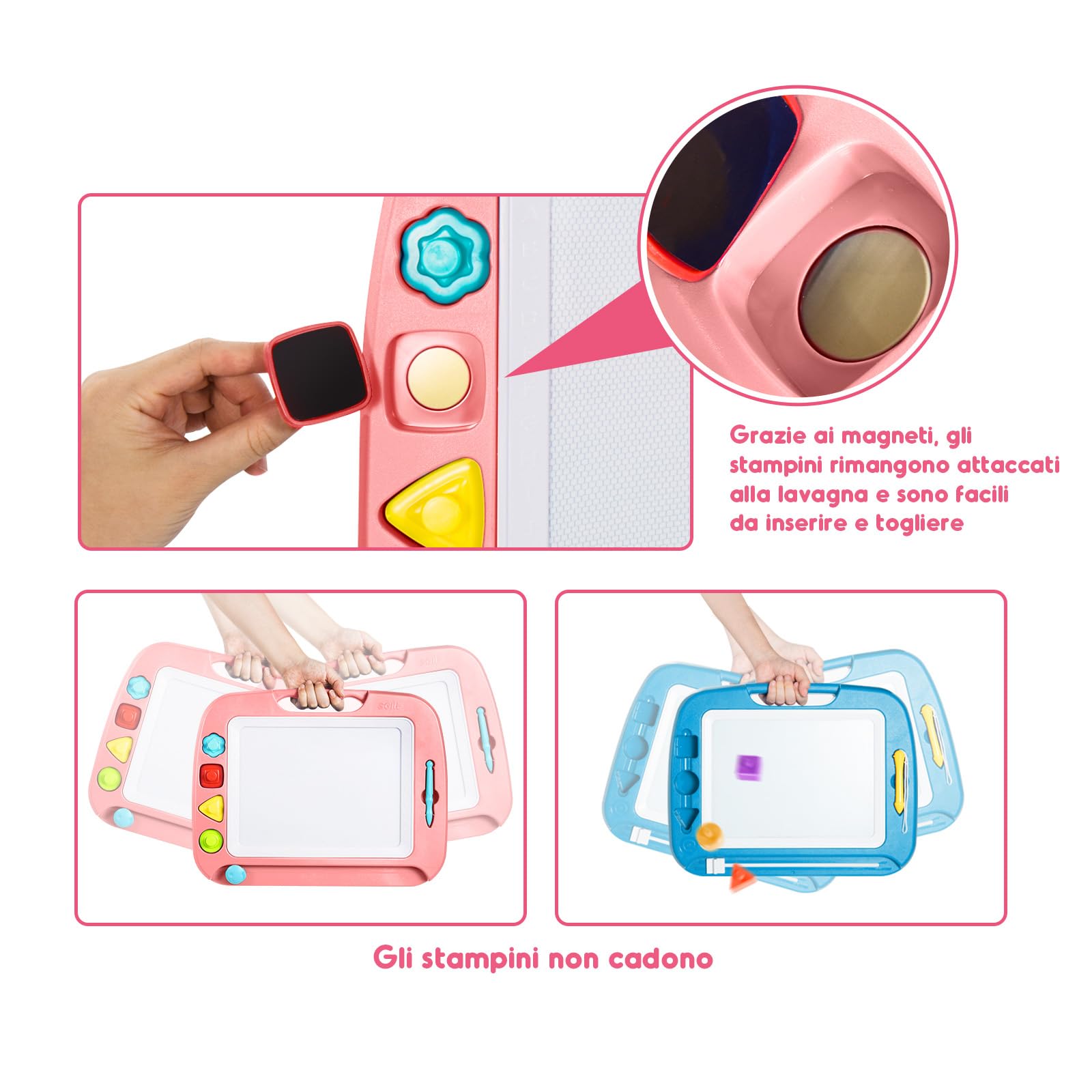 SGILE Grande Tavolo da Disegno Magnetico - Blocco per Scarabocchi in 4 Colori 42×33 cm con 4 Timbri per Bambini, Tavolo da Disegno Incisione Regalo per Bambini di 36 Mesi e Ragazze, Rosa chiaro