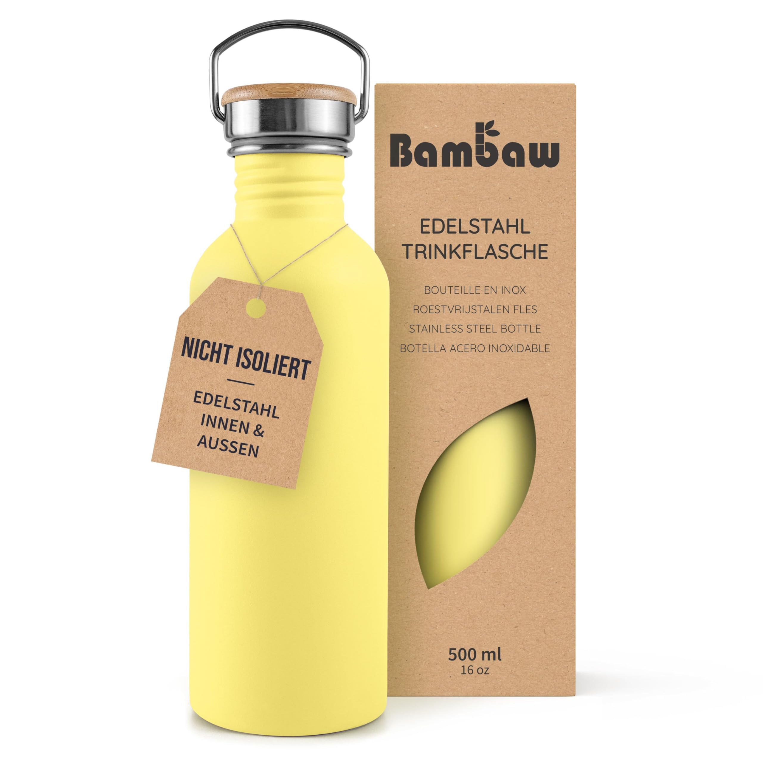 Bambaw Edelstahl Trinkflasche 500ml, Nicht-isolierte Trinkflasche Gelb, Trinkflasche Edelstahl Kinder, Wasserflasche Klein – Sonnengelb