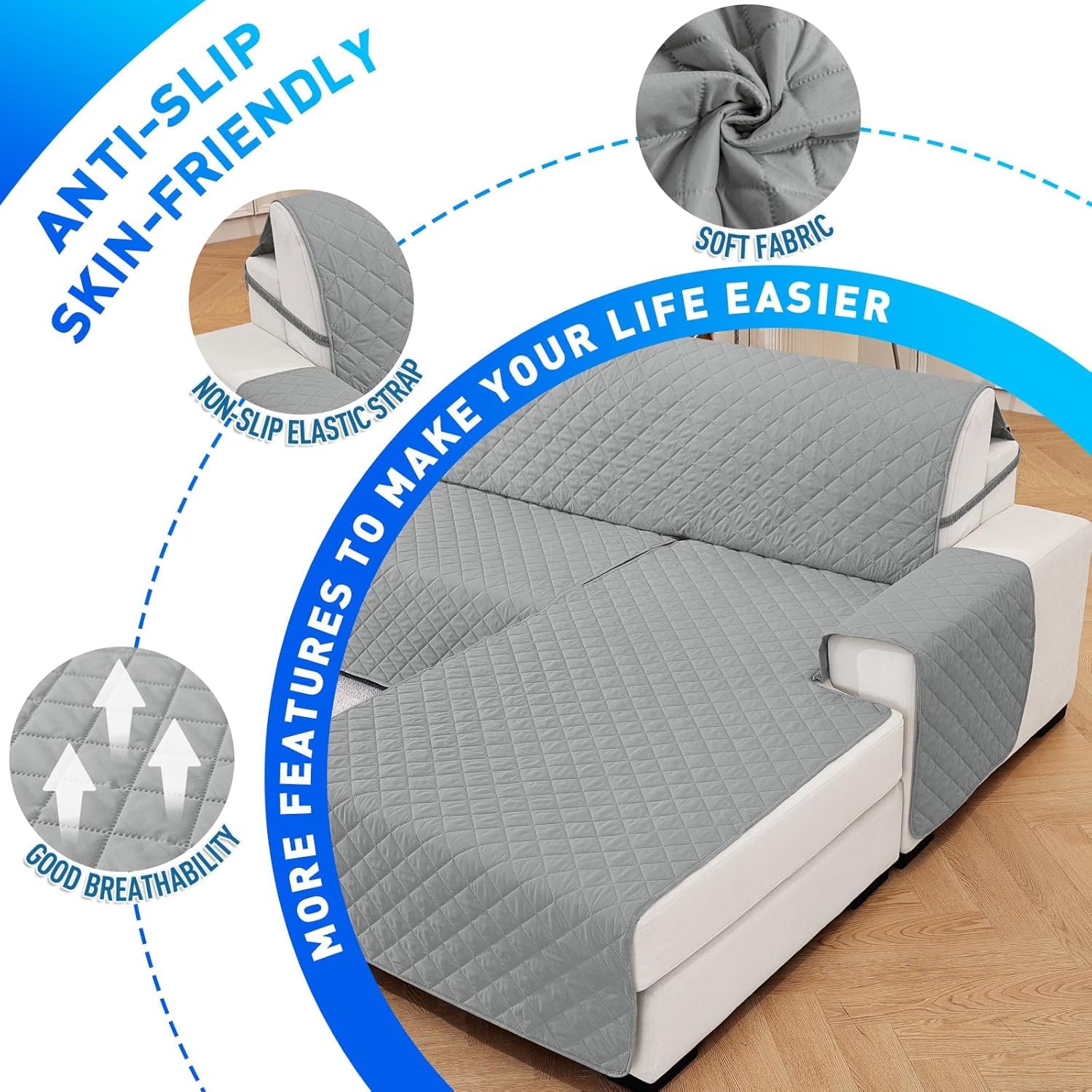 Copridivano Impermeabile 3 Posti Con Penisola, Copridivano Angolare Con Penisola Sinistra/Destra Reversibile, Con Braccioli, Universale, Antigraffio, Antiscivolo, Grigio Chiaro