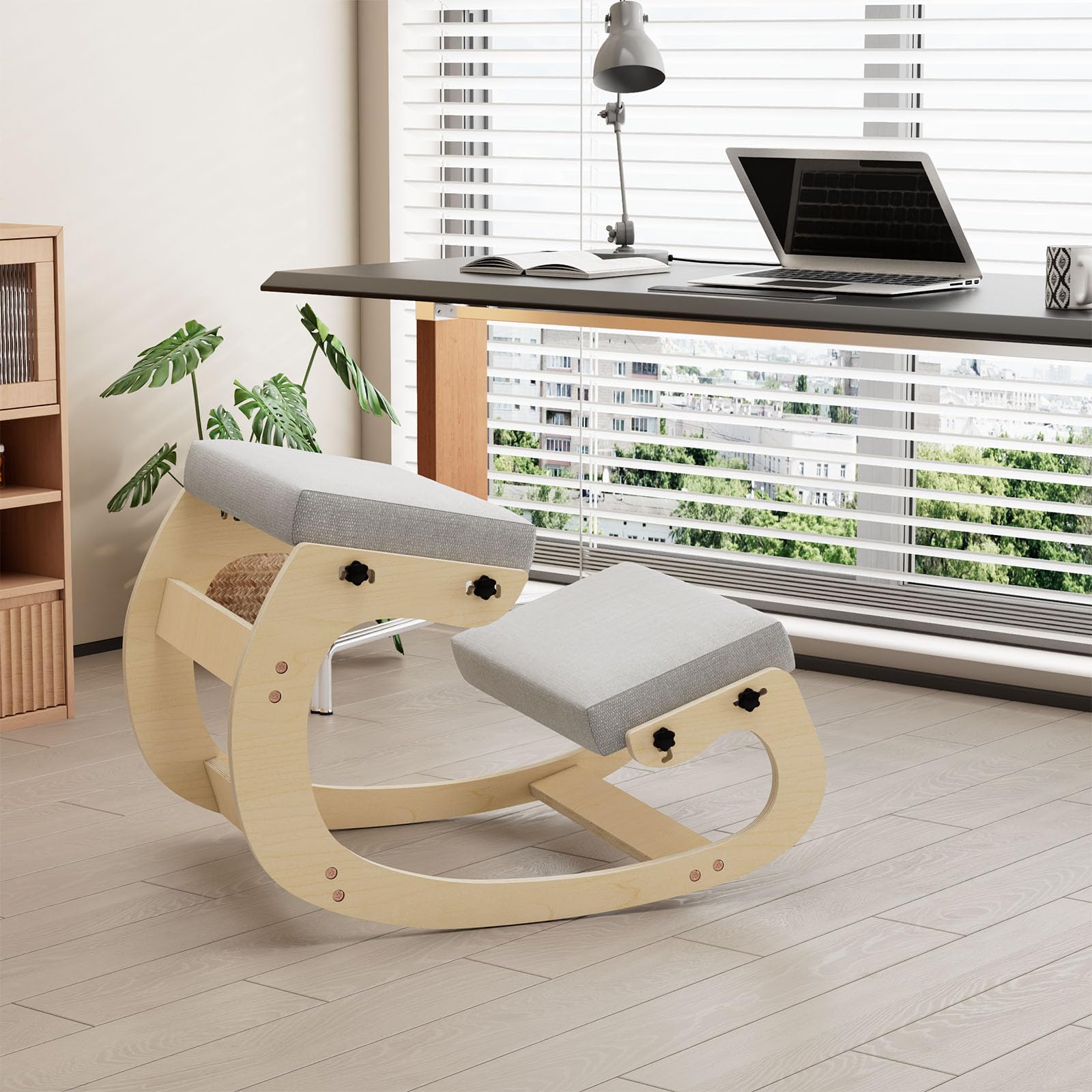 Ergonomischer Kniestuhl mit Schaukelbasis aus Holz – Höhenverstellbarer Haltungstrainer mit dickem Sitzkissen und weicher Knierolle, ideal fürs Homeoffice & gegen Rückenschmerzen