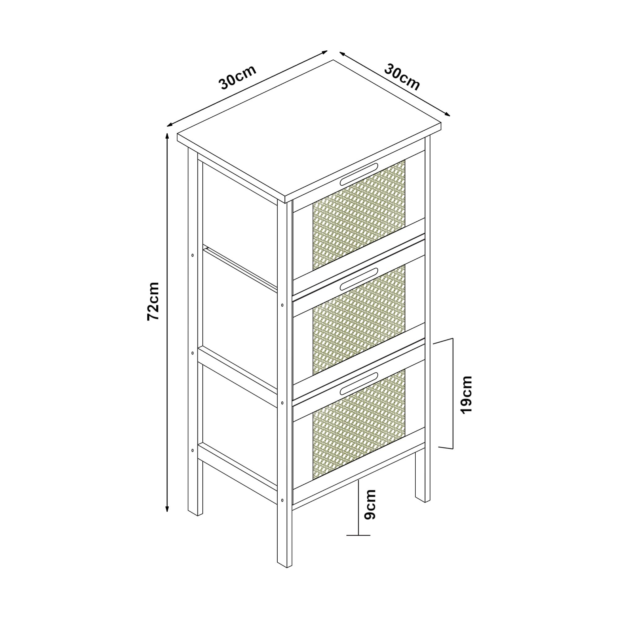 [en.casa] Cassettiera con 3 Cassetti Organizzatore Arredo Bagno da Stoccaggio con Piedini Ingresso Soggiorno 72 x 30 x 30 cm in Bambù - Nero/Naturale/Effetto Rattan