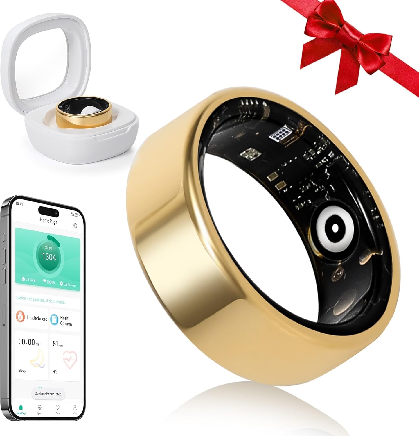 Smart Ring Fitness Tracker Ring for Women,Health Heart Rate Ring with Activity Tracker, Sleep Monitor and Oximeter, No Subscription Fee,Remote Photography, IP68 Waterproof Gold 7#