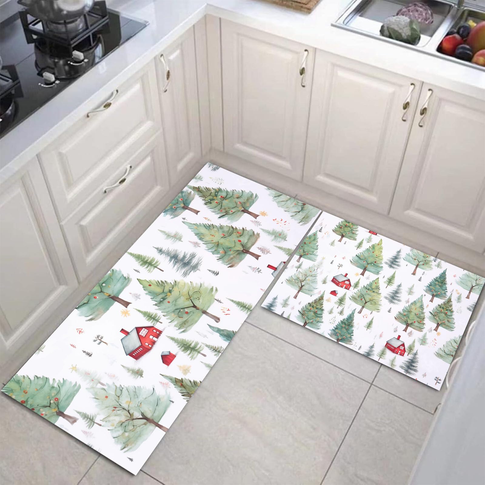 Alfombras de cocina antideslizantes y lavables con diseño navideño en acuarela verde