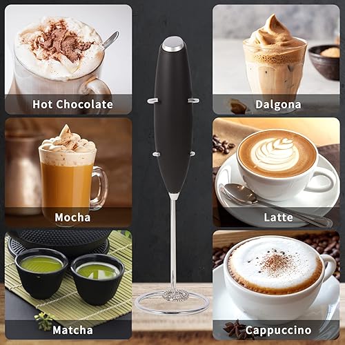 Miniatura 6 de Karangrad Espumador de leche de mano con soporte, utiliza baterías, mini espumador eléctrico para café, café con leche, capuchino, chocolate