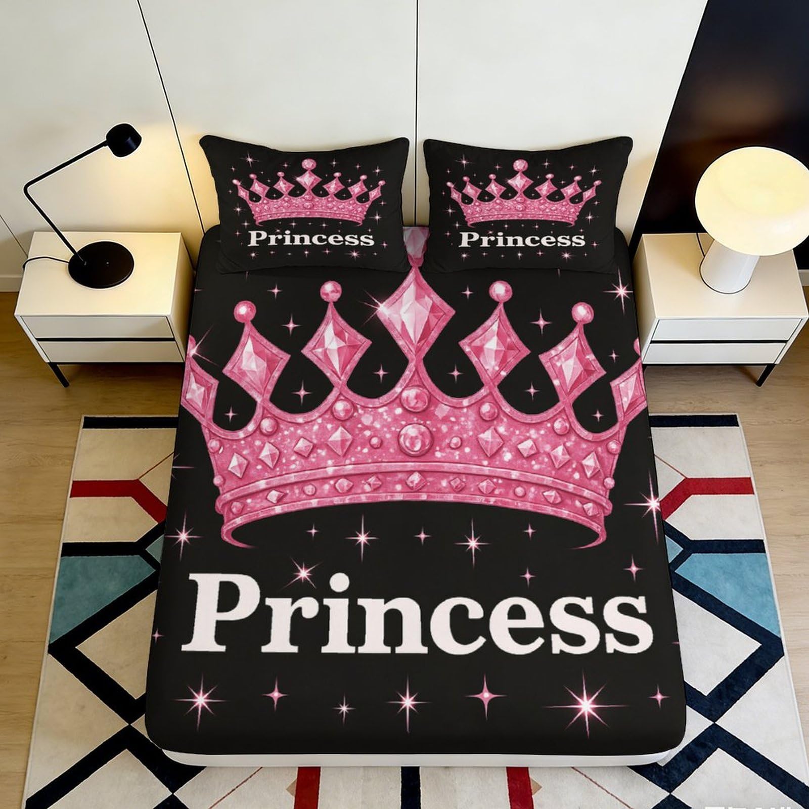 Pnayamiorkfel Style-2 3D Printed Pink Princess Crown Fitted Sheet Microfiber Decorative Bed Cover For Bedroom Guest Room Dorm Easy Care 90X200x25cm