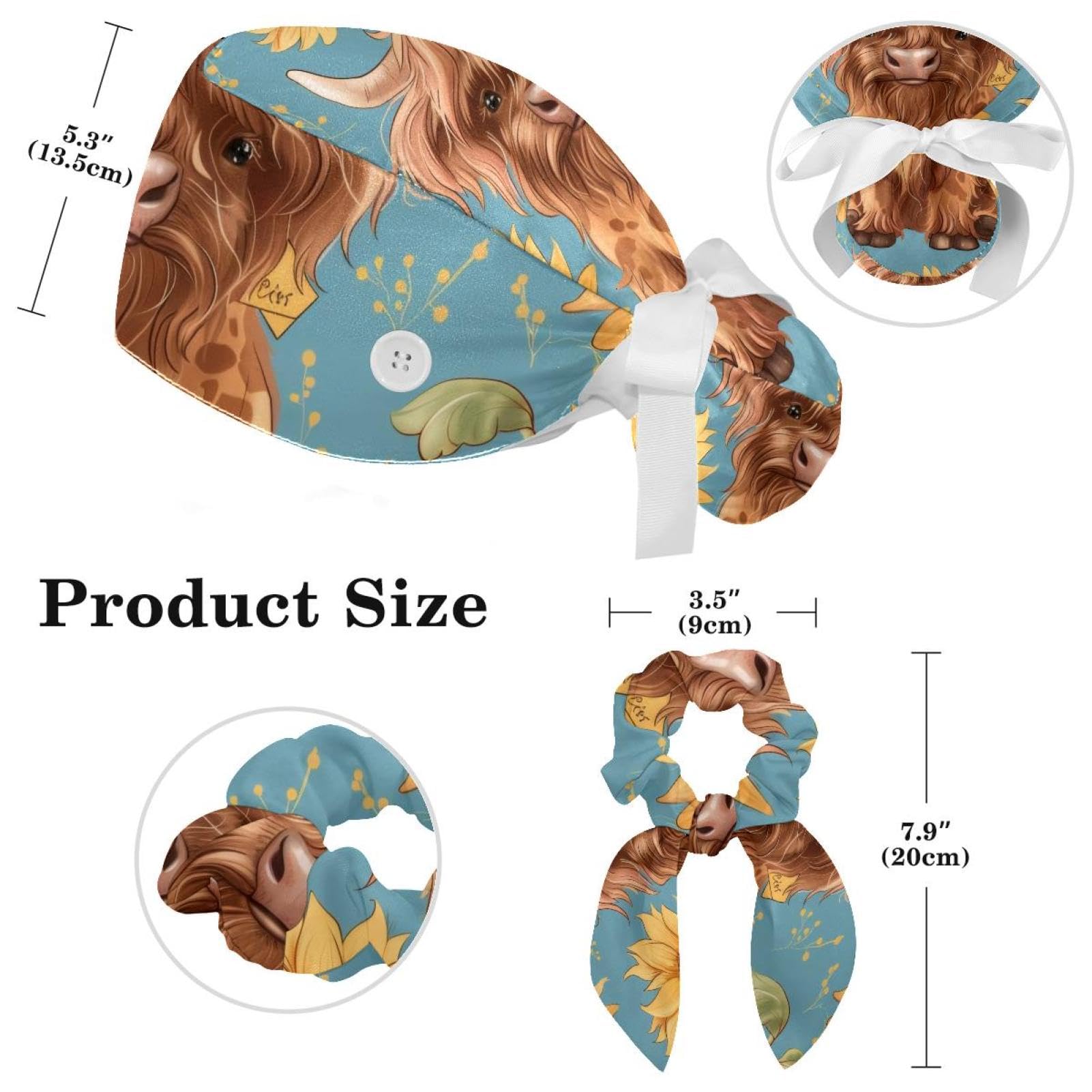 Vcedizo Working Cap with Button & Sweatband, Highland Cow Sunflower Adjustable Tie Back Hat Nurse Surgical Cap