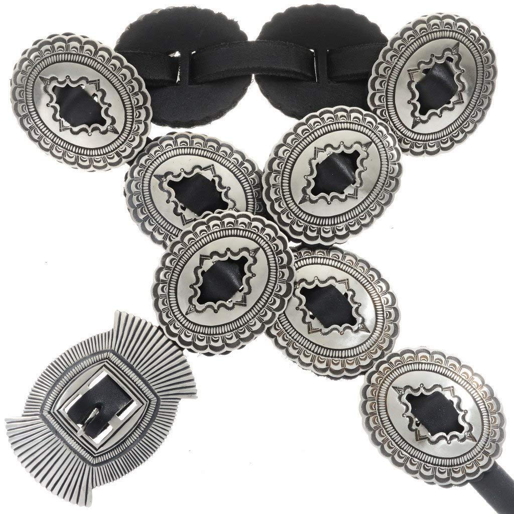 Hammered Silver Navajo Concho Belt Sterling Patterns on Genuine Leather 0082