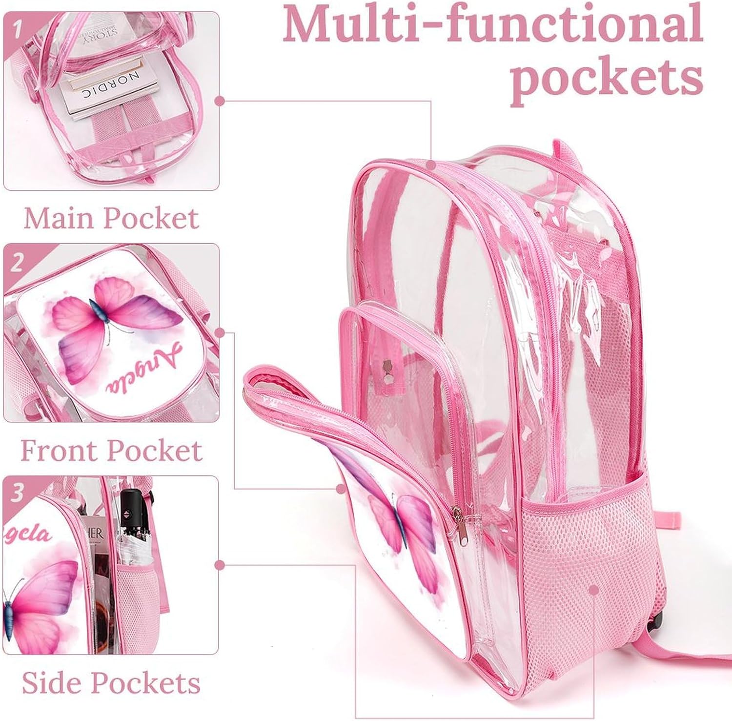 Custom Name Watercolor Butterfly Clear Backpack, Personalized PVC See Through Transparent Bookbag for Girls, Waterproof Daypack for School, Concert, Travel