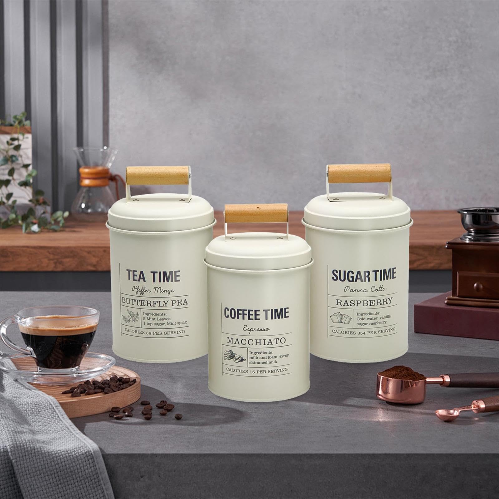 Generic 3 Pezzi Contenitori Da Cucina in Metallo, Decorazioni Versatili, Lattine Salvaspazio, Contenitori per Caffè, Tè E Zucchero per Piano di Lavoro, Casa C