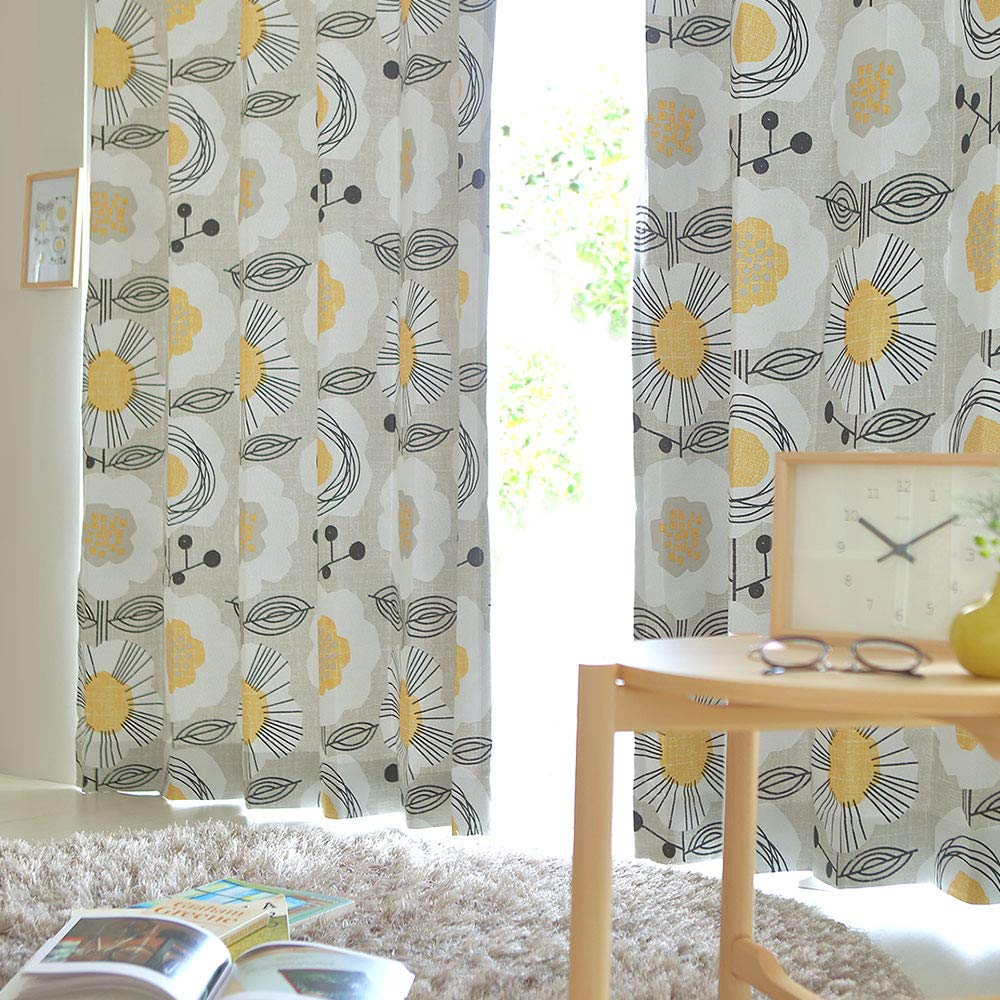 北欧柄 フラットカーテン 幅160cm×長さ147cm 2枚 オーダー 黄色 北欧柄 フラットカーテン 幅160cm×長さ147cm 2枚 オーダー 黄色