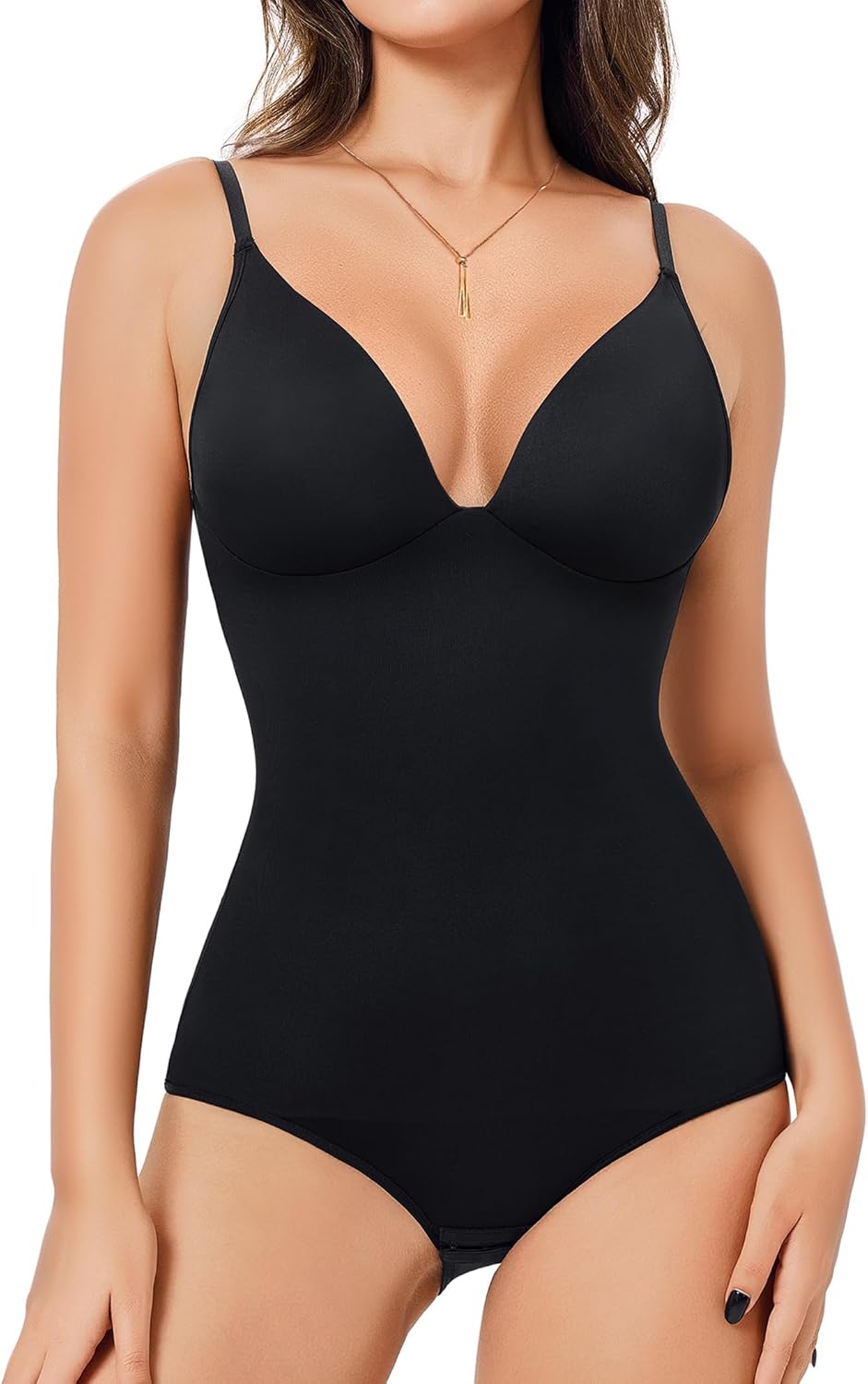 Irisnaya Women's Plunge Deep V Neck Bodysuits with Built in Bra Sleeveless Double Lined Body Suits Tops