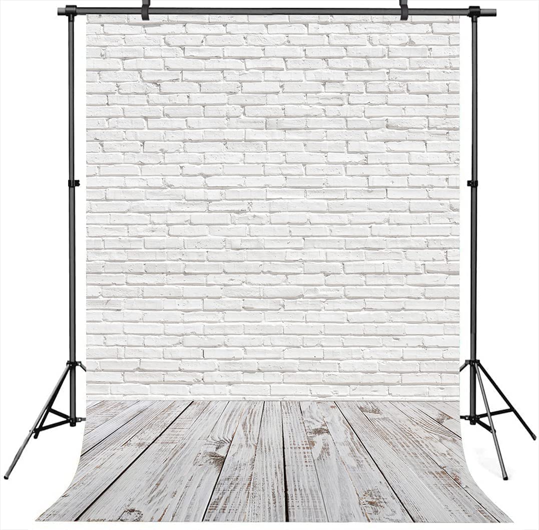 eWINNER Vinyl White Brick Wall with Gray Wood Floor Backdrop (1.5 x 2.1m/5x7ft)