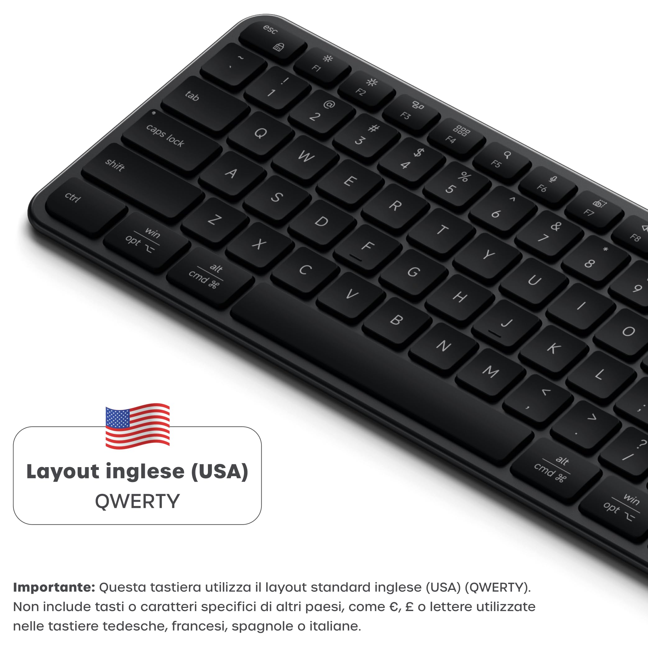 Satechi Tastiera Wireless Slim EX3, Layout 𝗤𝗪𝗘𝗥𝗧𝗬 𝗨𝗦, Bluetooth con Tastierino Numerico, Multi-Dispositivo, Ricevitore 2,4 GHz E Ricaricabile, per Mac, Windows E Android – Nero