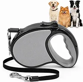 Coleira Pet Guia Retrátil para Cachorros, gatos de todos os portes - guia com extensão de 5 Metros - suporte de peso ideal de pets até 20kg (Cinza)