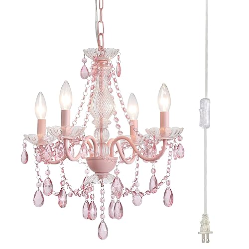 Plug in Crystal Pink Chandelier, Not acrylic Crystal,Mini 4 Lights for Girls Room,Pink Crystals Hanging Pendant Light with Clear Cord and On/Off, Chandelier for wedding, Kitchen, Dining,Foyer,Island - Plug-in PINK