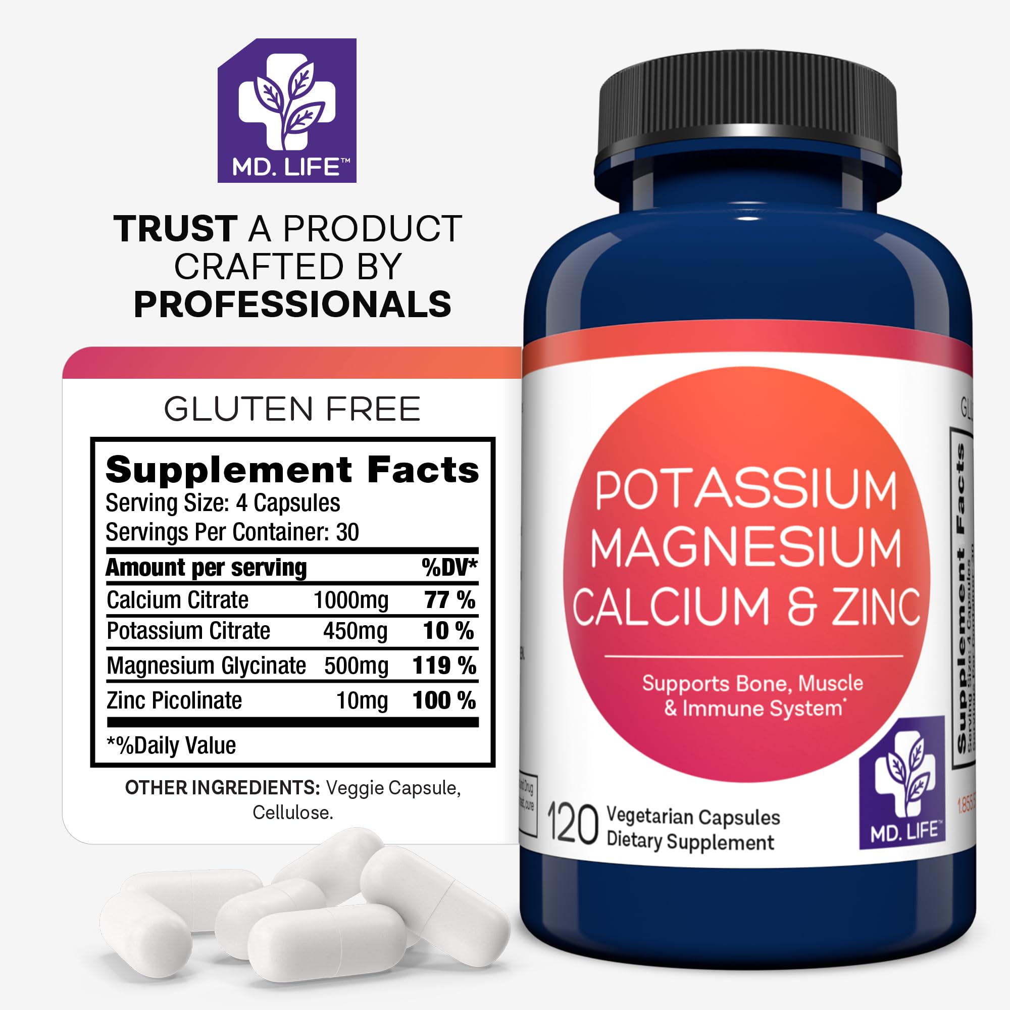MD. Life Potassium Magnesium Zinc Calcium Supplement - 120 Capsules - Potassium Magnesium Zinc Supplement – Supports Bone Health & Muscle Health – Promotes Calcium Absorption and Immune Function — Amazon image 6
