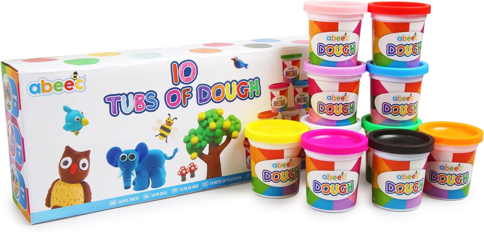 abeec 10-Tub Soft Dough for Toddlers | Rainbow Colour Modelling Dough Set | Colourful Sensory Clay for Kids Age 3+ | Non-Toxic Party Bag Filler Compound for Creative Play & Crafts